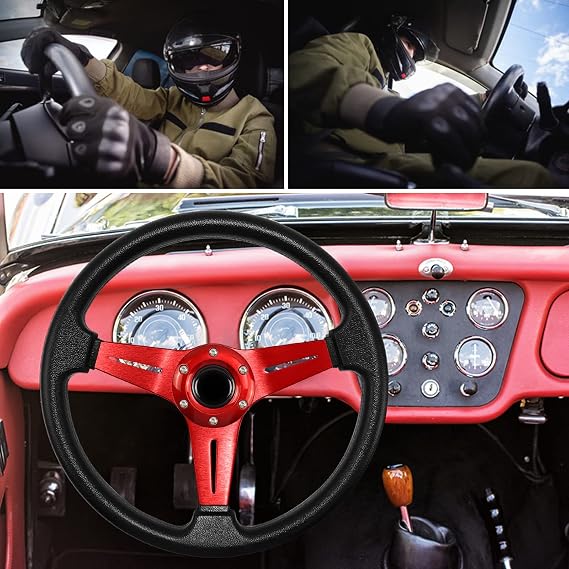 Universal Racing Steering Wheel, Drifting Steering Wheel, Gaming Steering Wheel, 13.6 Inches, 6 Screws Grip Vinyl Leather with Horn Button for Racing, Rally, Motorsport, Car Simulation (Red)