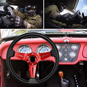Universal Racing Steering Wheel, Drifting Steering Wheel, Gaming Steering Wheel, 13.6 Inches, 6 Screws Grip Vinyl Leather with Horn Button for Racing, Rally, Motorsport, Car Simulation (Red)