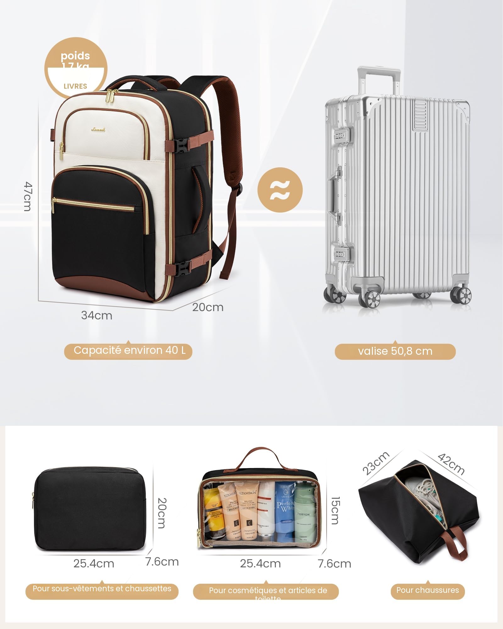 LOVEVOOK Sac a Dos Voyage 40L, Grand Sac à Dos Femme Cabine Avion Bagages Cabine Homme, Antivol Travel Backpack Portable 17 Pouces Imperméable, pour Voyages d'Affaires, Travail, Loisirs et École