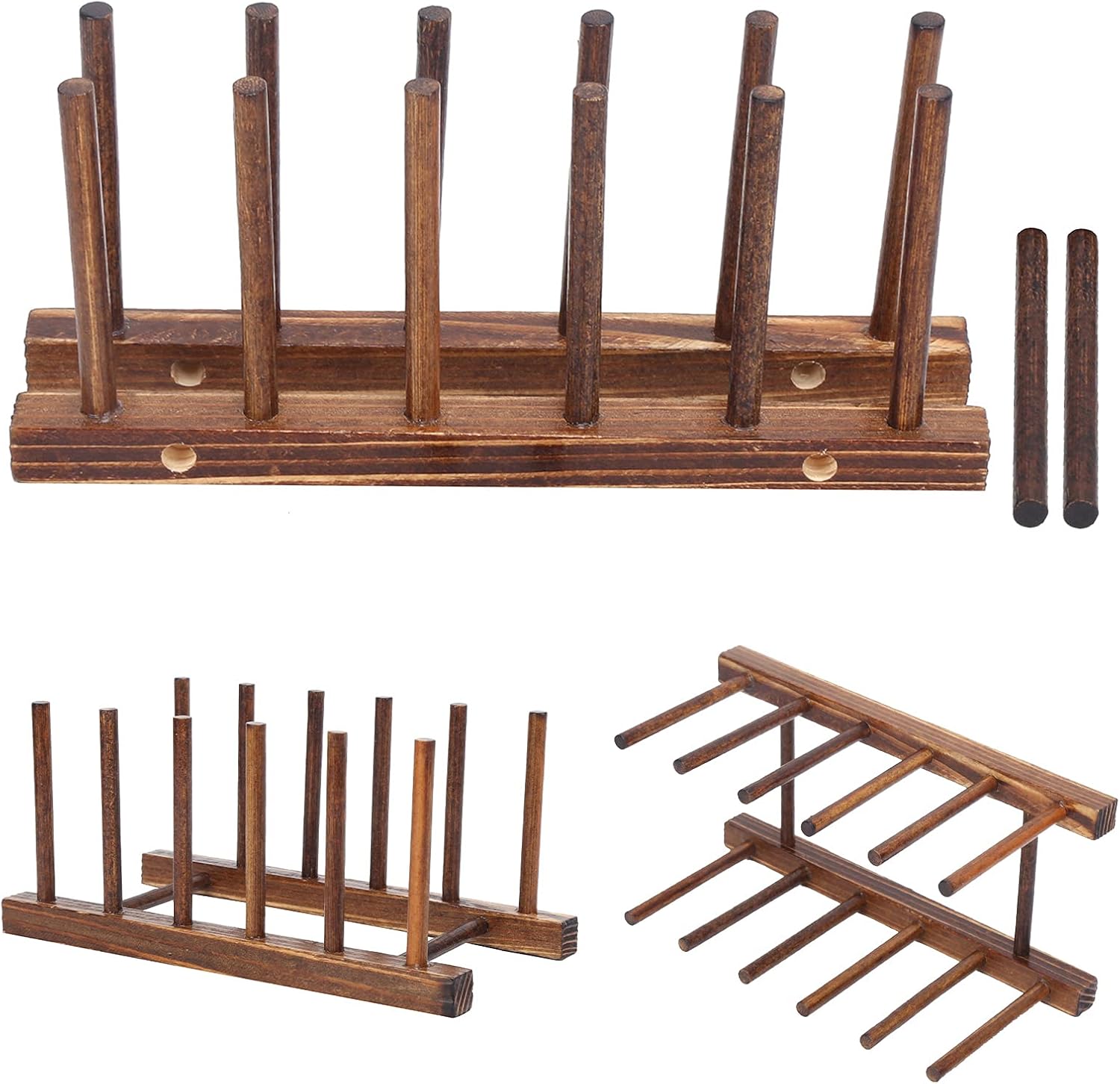 Wooden Dish Plates Holder Wood Dish Rack 4/6 Column for Dish Plate Bowl Cup Home Storage Cabinet(9.1 x 4.5 x 4.1in)