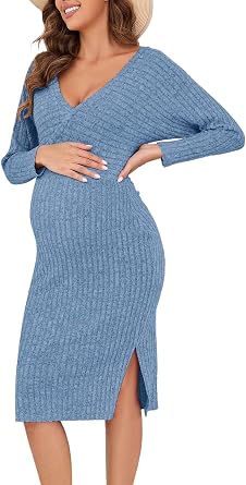 guruixu Wrap V Neck Maternity Sweater Dress Rib Knit Batwing Open Back Slit Pregnancy Dresses for Baby Shower Maternity Photoshoot Outfits Sky Blue