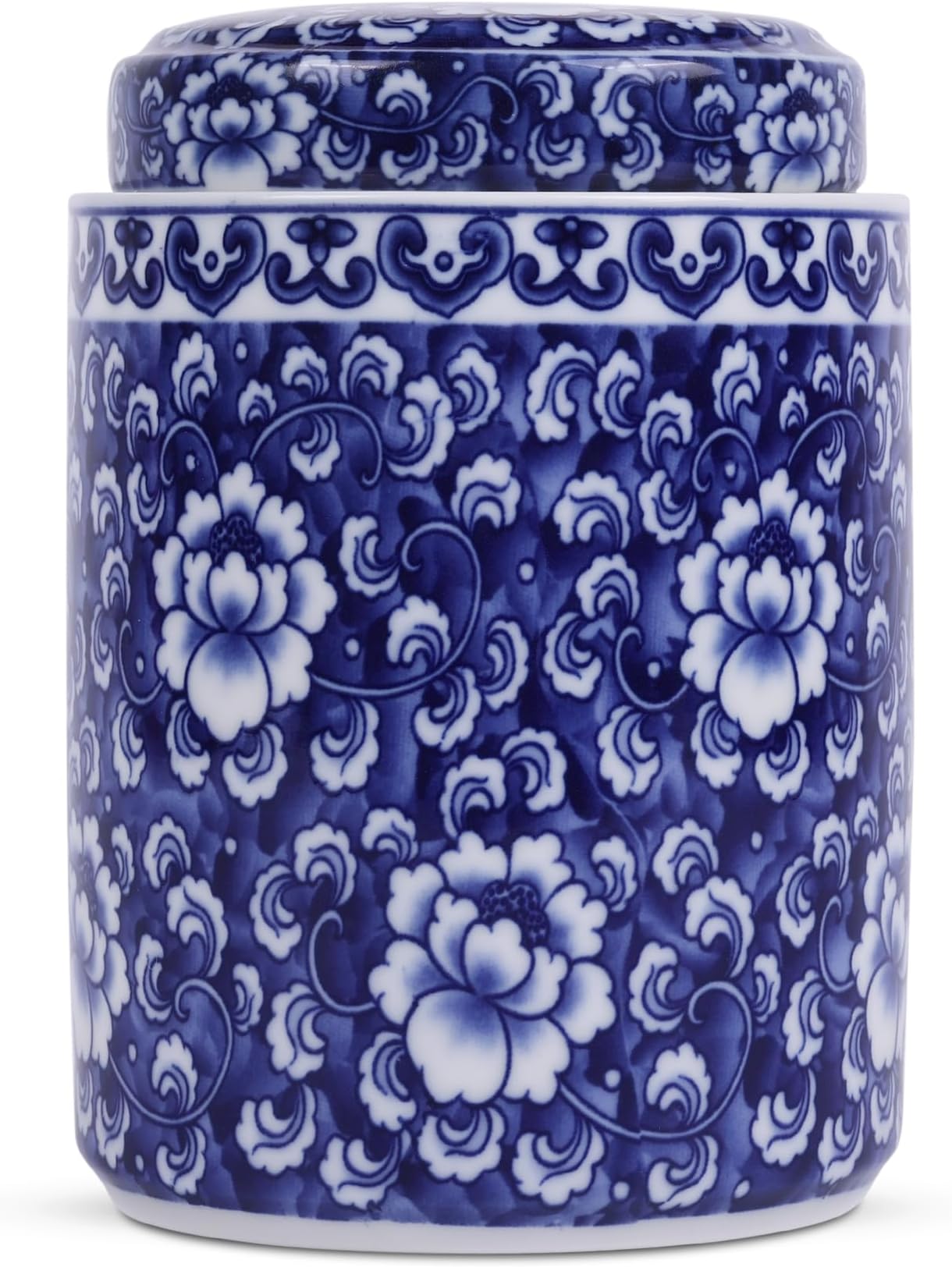 XINGYAN Chinese Traditional Antique Style Blue and White Porcelain Ginger Jar Ceramic Covered Jar Flower Vase with Lid,China Ming Style,China Chinoiserie Design (Cylinder)