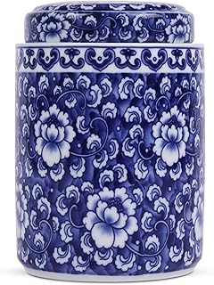 XINGYAN Chinese Traditional Antique Style Blue and White Porcelain Ginger Jar Ceramic Covered Jar Flower Vase with Lid,China Ming Style,China Chinoiserie Design (Cylinder)