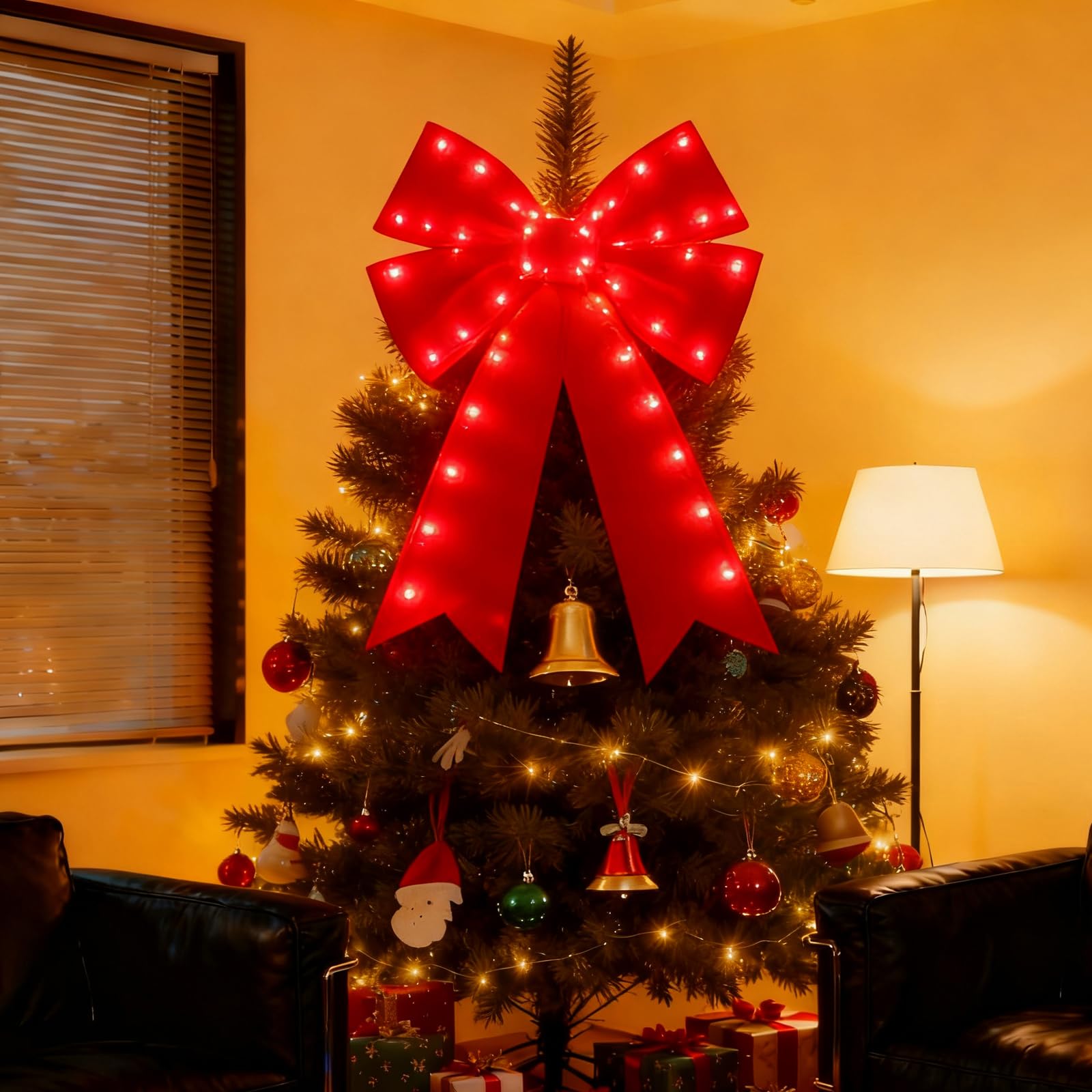 Puntale per albero di Natale con fiocco rosso illuminato a LED, da appendere, decorazione per la casa, per vacanze e feste invernali (rosso 1, 59 x 41 cm)