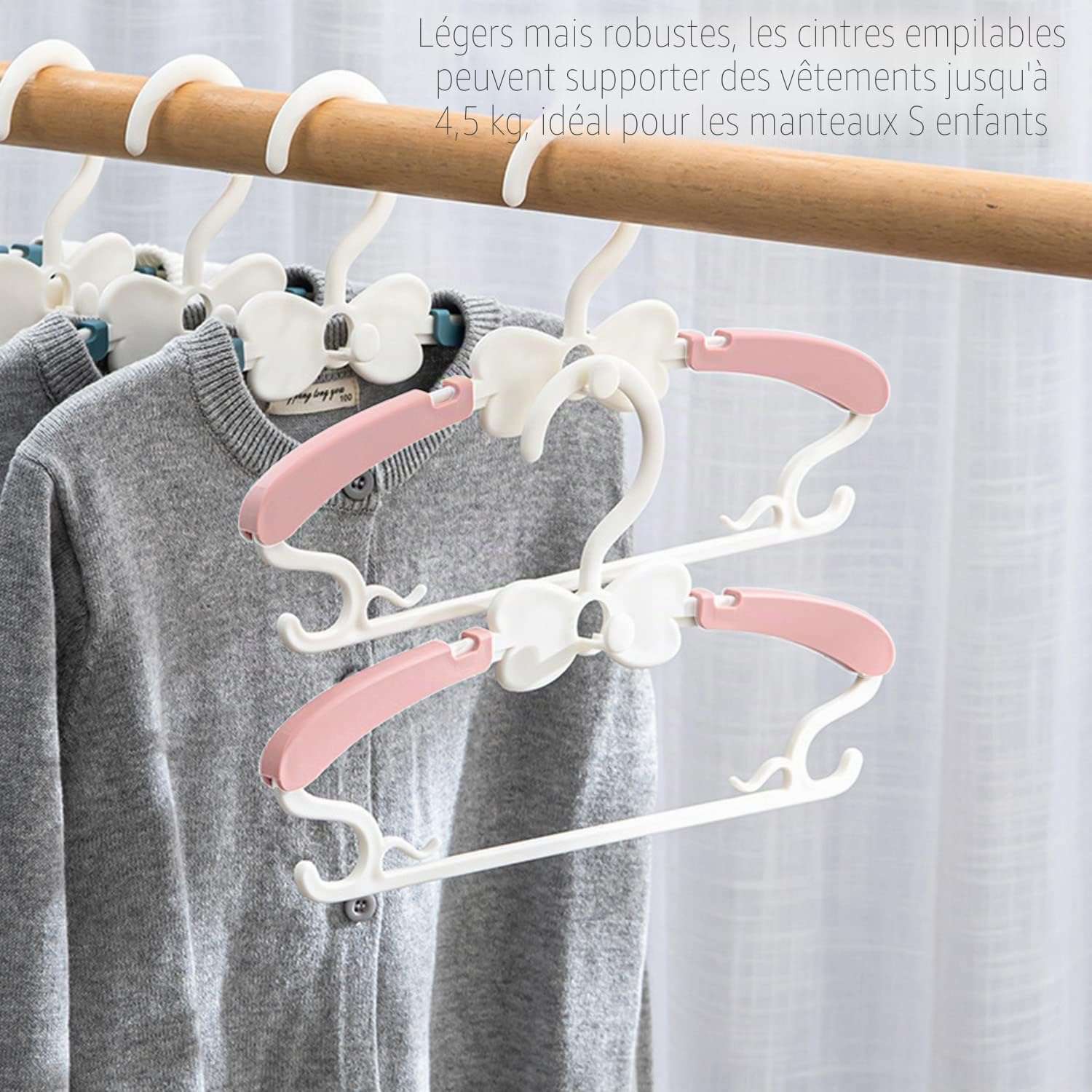 WJWSKI 28-37cm Cintre Enfant en Plastique, 20pcs Cintre Enfant Empilables, Antidérapants Cintre Bebe Extensibles pour vêtements d'enfants et bébés - Peu encombrant - Rose et Blanc