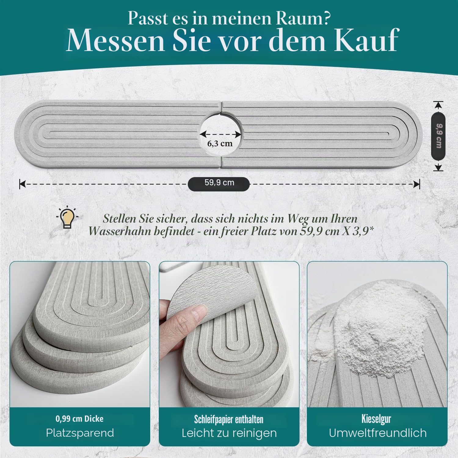 Spritzschutz für die Küche, Möbelschutz für Spülbecken aus Diatomeenerde, Spülbeckenmatte, Matte für Küchenspüle für Badezimmerarbeitsplatten [Weiß 60x10cm]