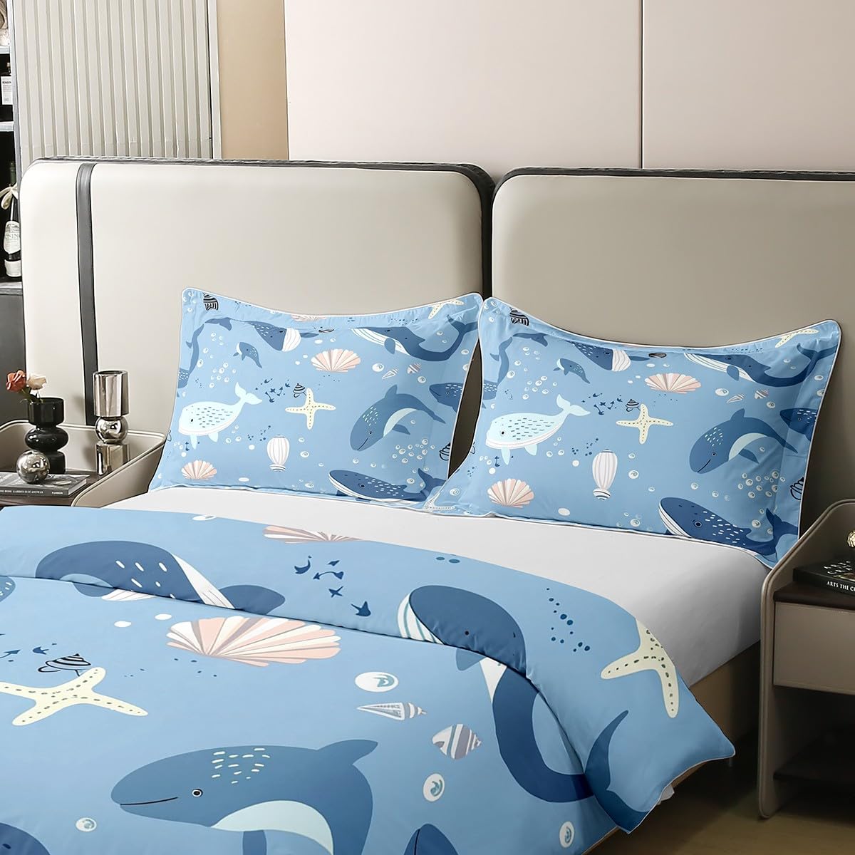 Loussiesd Kinder Wal Baumwolle Bettwäsche Set 135x200cm Jungen Mädchen Fische Bettbezug Set Muscheln Betten Set Unterwasser Welt Meereslebewesen Sealife Bettdeckenbezug