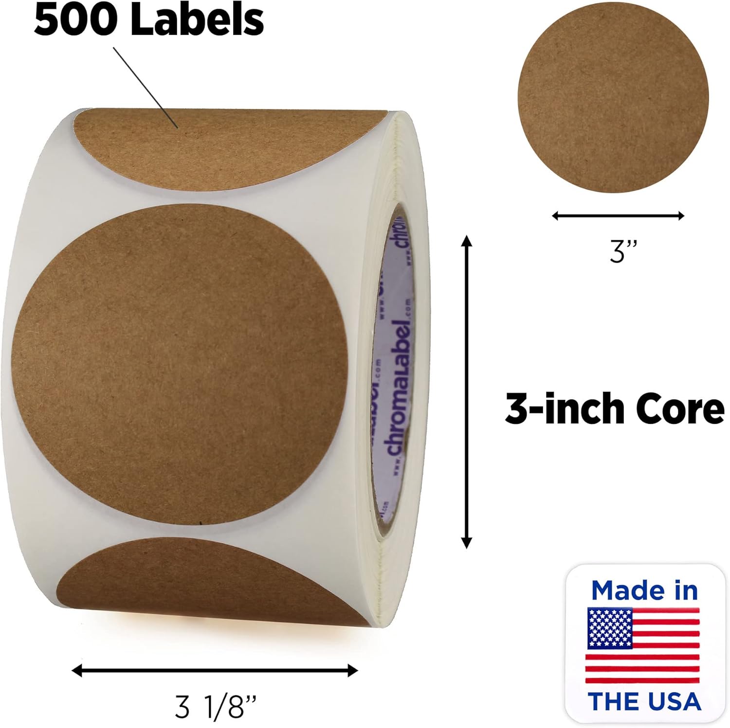 ChromaLabel Permanent Round Kraft Dot Stickers, 500 Labels per Roll, 3 inch