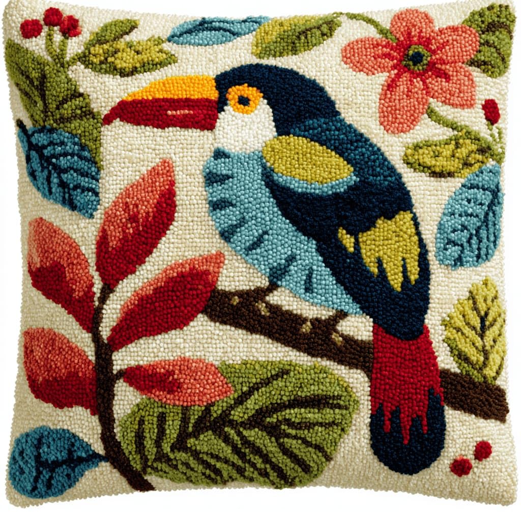 Latch Hook Cushion Kit,Jungle Bird DIY Throw Pillow Cover 43X43Cm