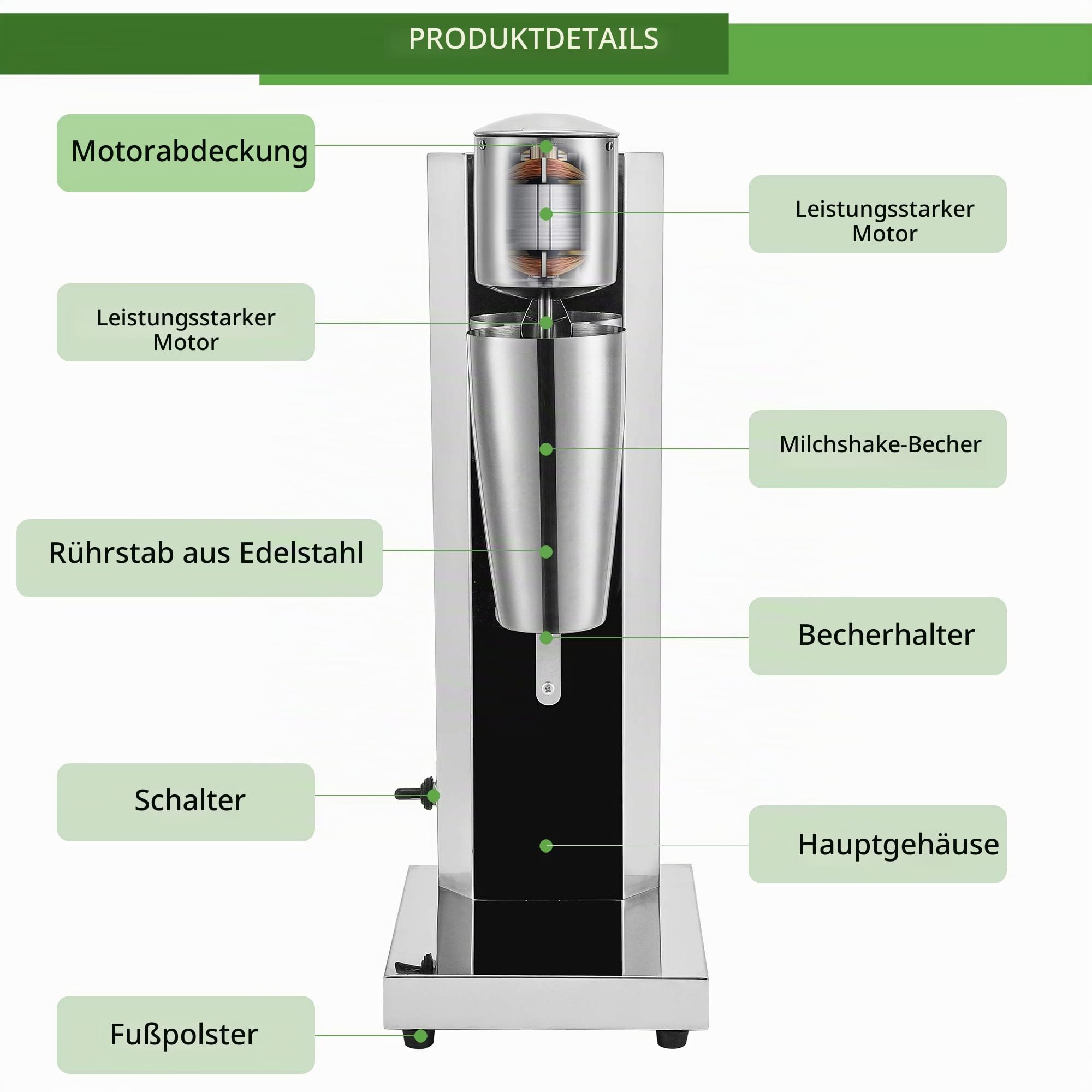 Cgoldenwall Milchshake Maschine Kommerzielle Elektrische Einkopf-Trinkmixer 18000 U/min Mit 2-Gang-Schalter 800ml Mixbecher Für Bananen, Papaya-Milchshake Und Cocktails