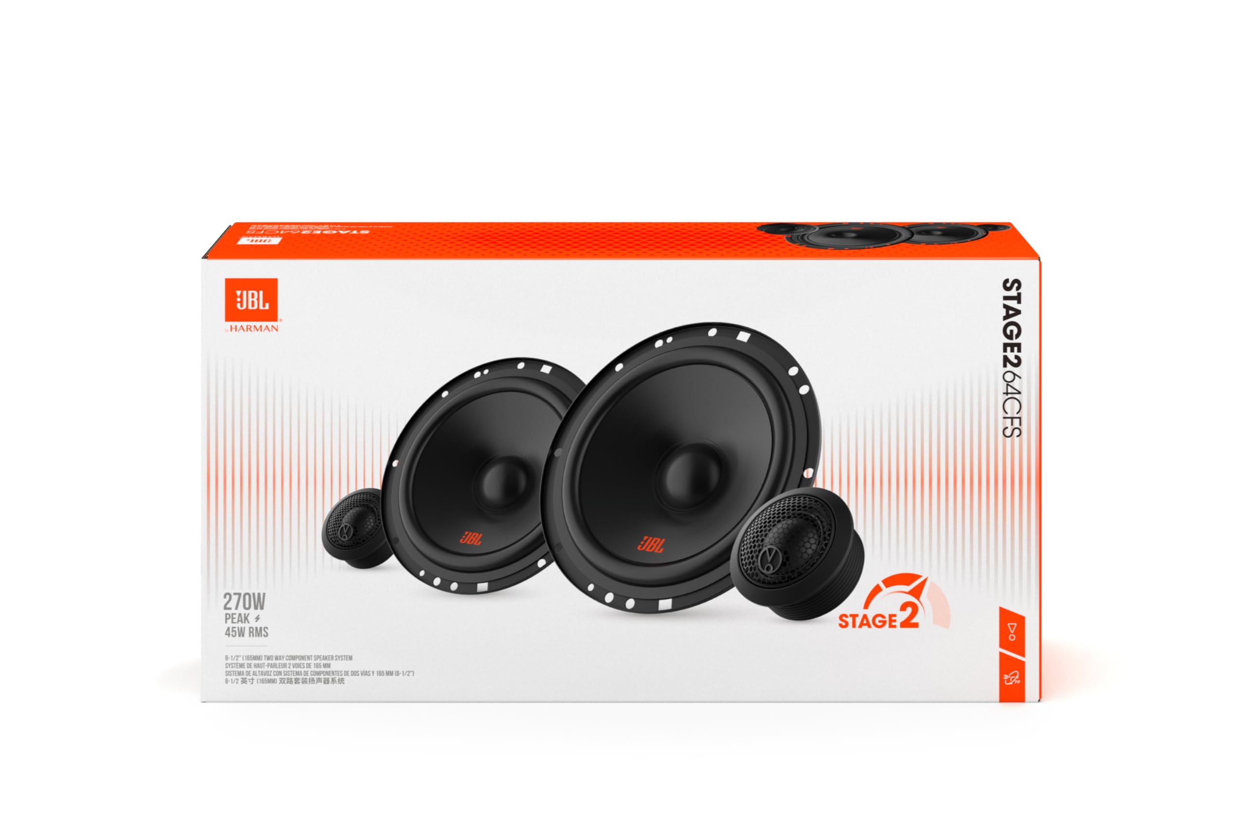 JBL Stage2 64CFS Gen2 2-Wege Komponentensystem 6,5 Zoll 45 W RMS, 270 W Peak, 4 Ω, 91 dB, Plus One™ Polypropylen-Woofer, PEI-Hochtöner, Slim-Design, Externe Frequenzweiche, einfache Installation