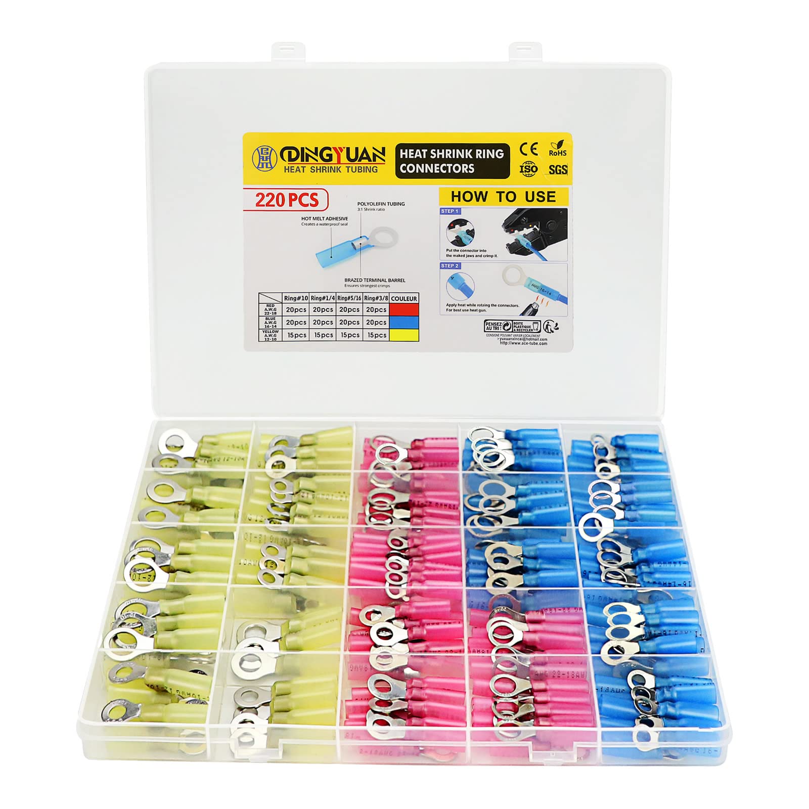 DING YUAN Dingyuan 220 Pcs Cable Terminals Kit - Marine Grade Heat Shrink Ring Connectors Waterproof Cable Connectors Automotive Heat Shrink Wire Connectors, Termin