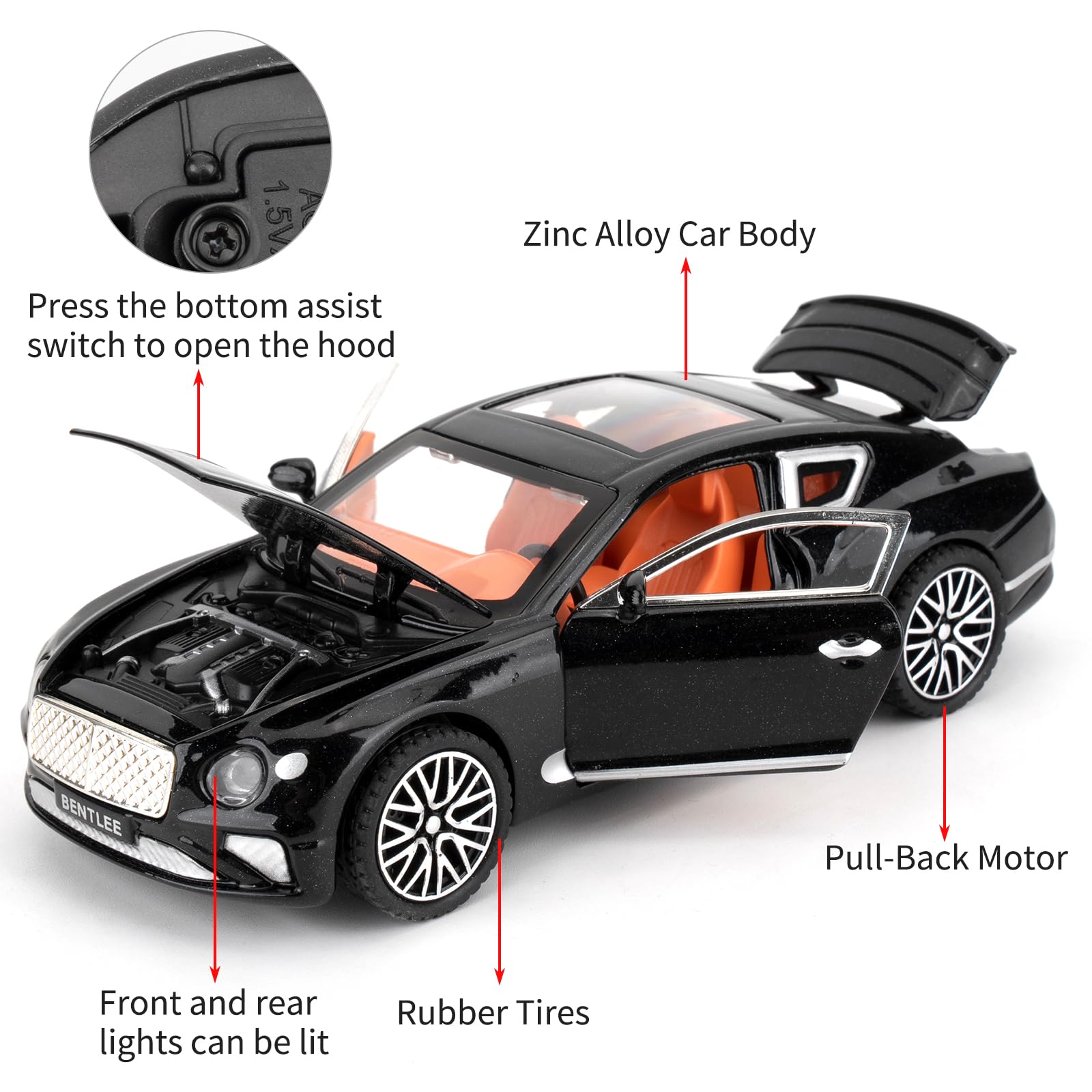 Acheter Modèle de voiture Bentley Continental GT 1/24, jouet de voiture à collectionner en alliage moulé sous pression avec porte pouvant être ouverte, cadeau pour garçons et filles