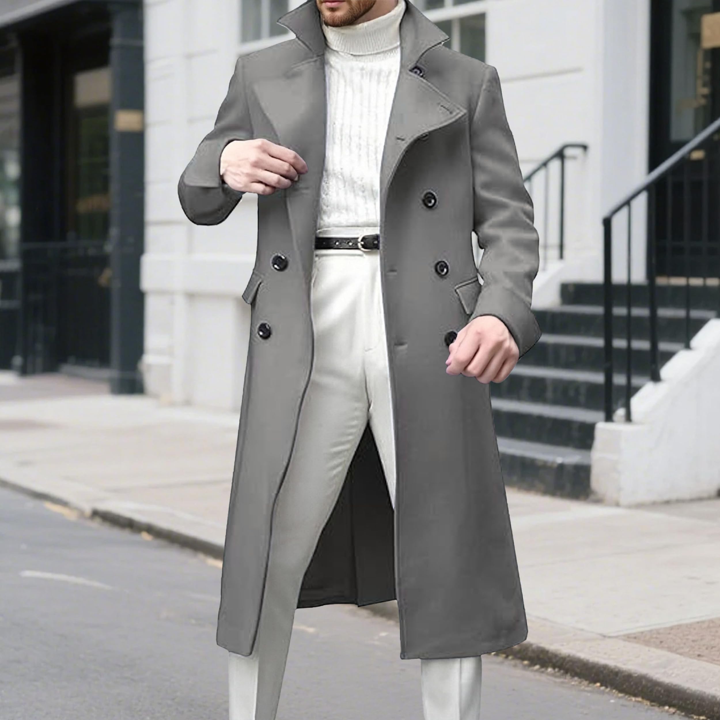 Cappotto invernale da uomo con revers a lancia, doppiopetto, lungo, trench casual in misto cotone