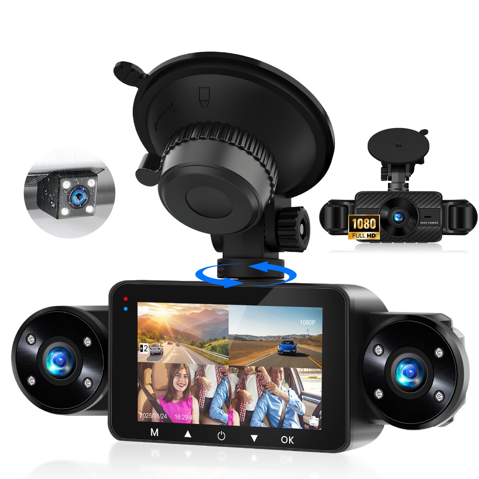 360 Degree View 4 Channel Dash Cam for Cars,Dash Cam Car Camera Front and Rear Inside Left Right,3 inch Dashcams with IR Night Vision,Loop Recording,G-Sensor,24H Parking Mode Monitor Reverse View