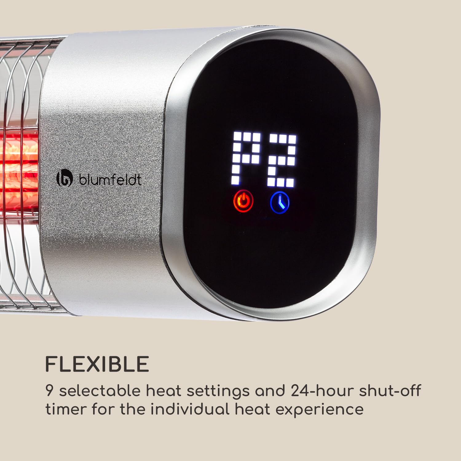 Blumfeldt Dark Wave Promiennik podczerwieni, Promiennik tarasowy, MinimalGlare Heating Tube: złocona rurka carbonowa, 24 stopnie grzania, Timer, IP65, sufitowy 2000 W, srebrny