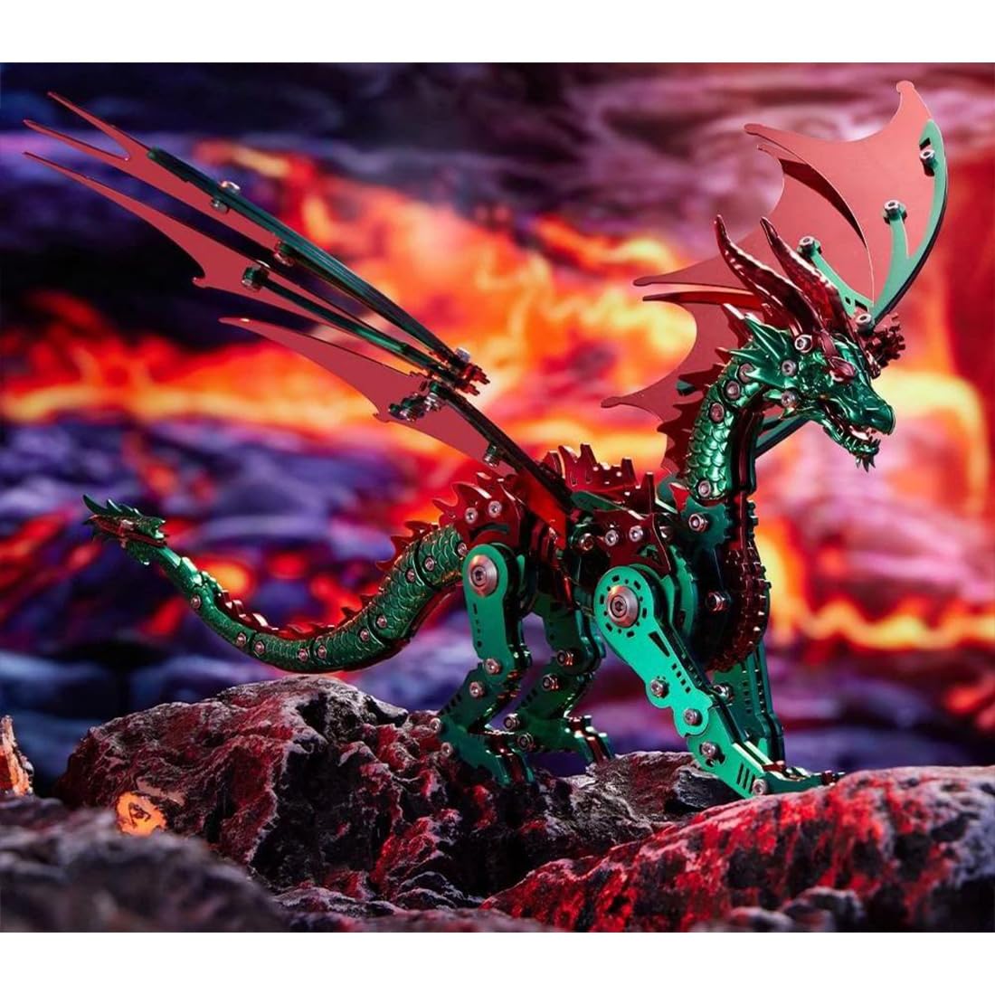 Rompecabezas de metal 3D para adultos, kit de bricolaje para dragón mecánico, regalo único para decoración de escritorio (rojo verde)