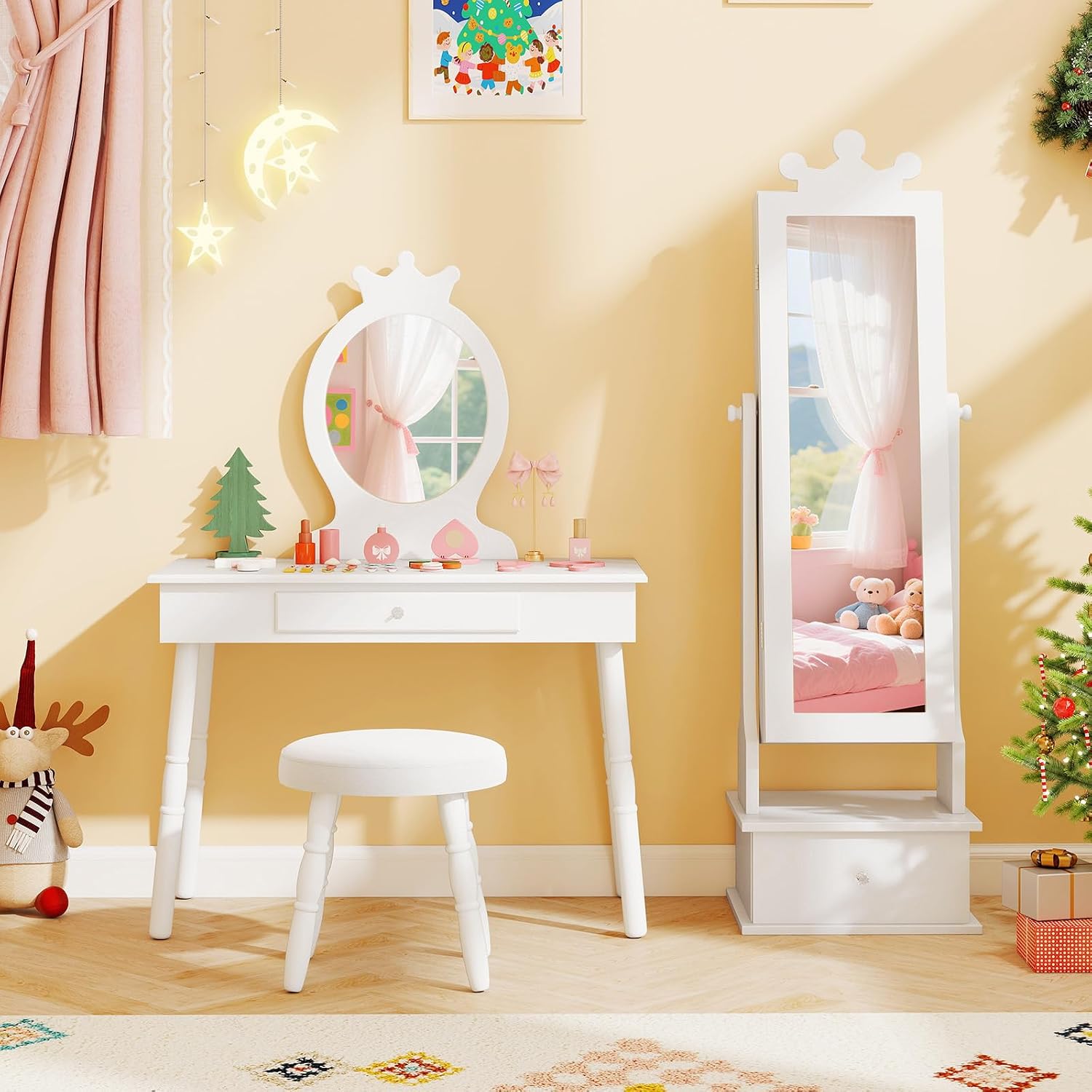 HONEY JOY Kids Jewelry Armoire Cabinet, 2-Angle Wooden Standing Jewelry Organizer w/Full-length Mirror and Storage Drawers, 64 Ring Slots, Children Dress Up Jewelry Cabinet for Little Girls(White)