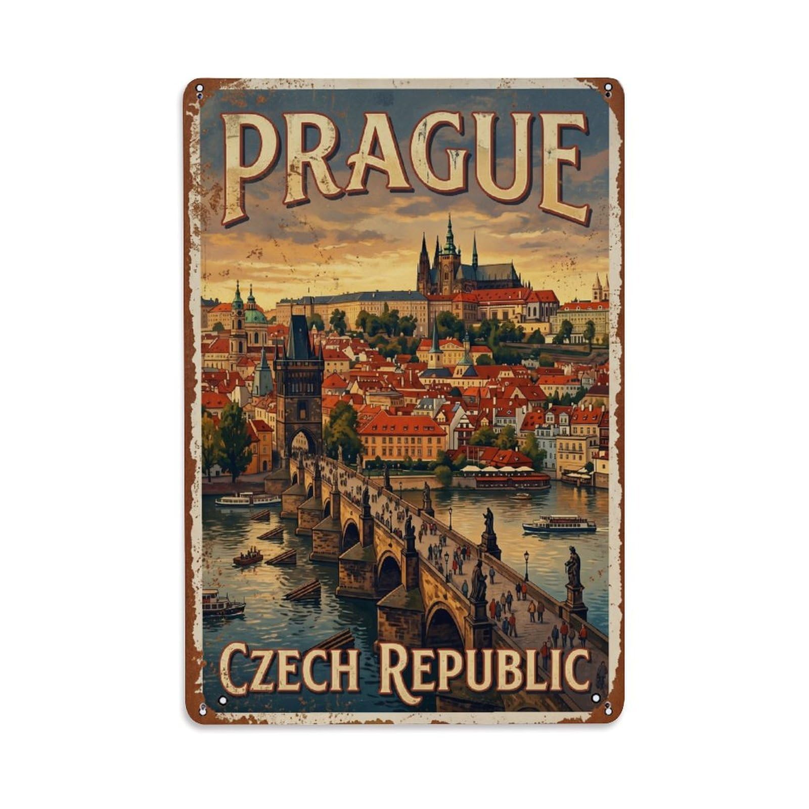 Cmhok Vintage Style Vintage Travel Bridge Prague Metal Tin Sign Wall Decor For Cafe, Club, Garden Metal Poster 8X12inch