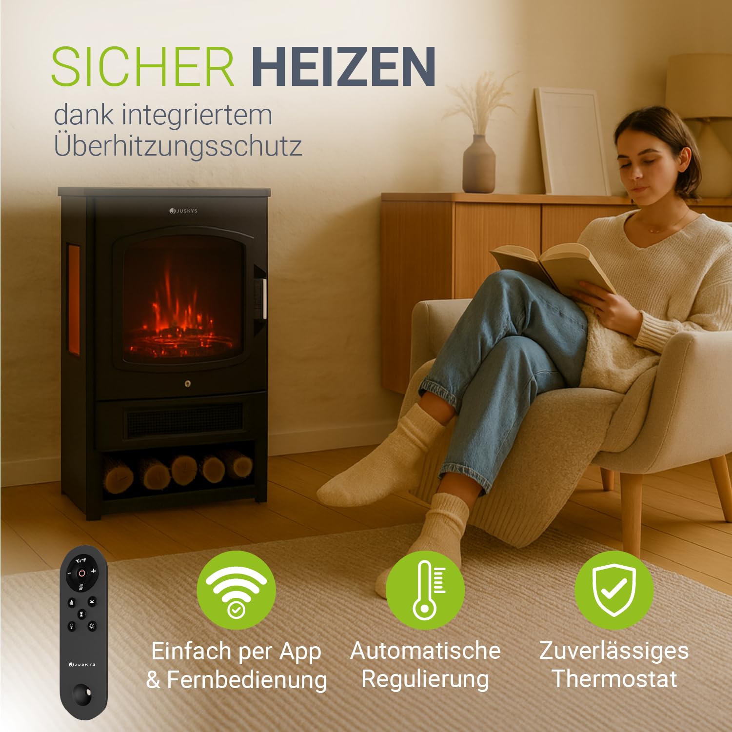 Juskys® Elektrokamin 1800W — Schwarz, elektrischer Standkamin mit LED-Flammeneffekt, WLAN/App-Steuerung, Fernbedienung
