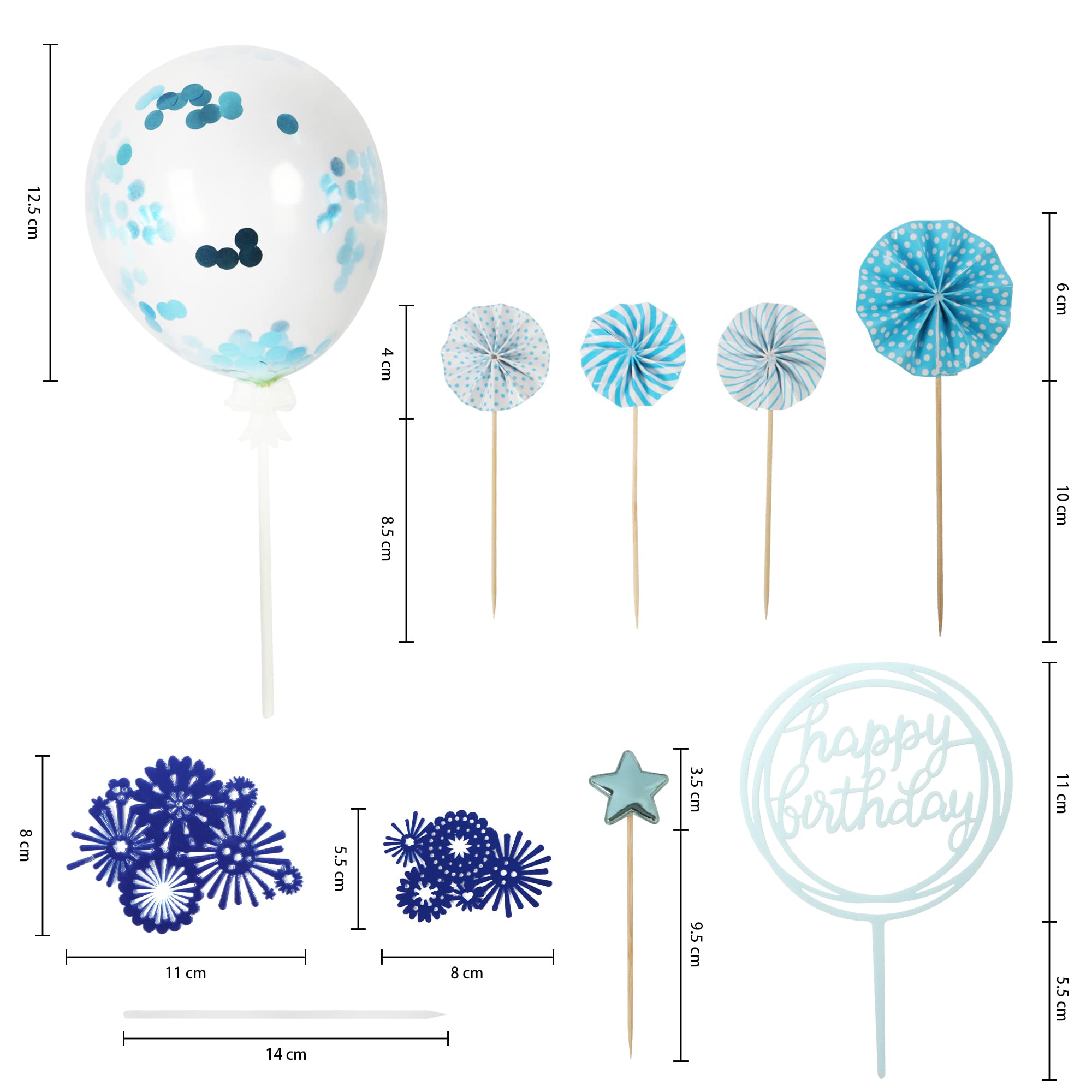 13-teiliges Geburtstagstorten-Topper-Set In Blau | Mit Pailletten-Ballon & Happy Birthday-Aufsatz
