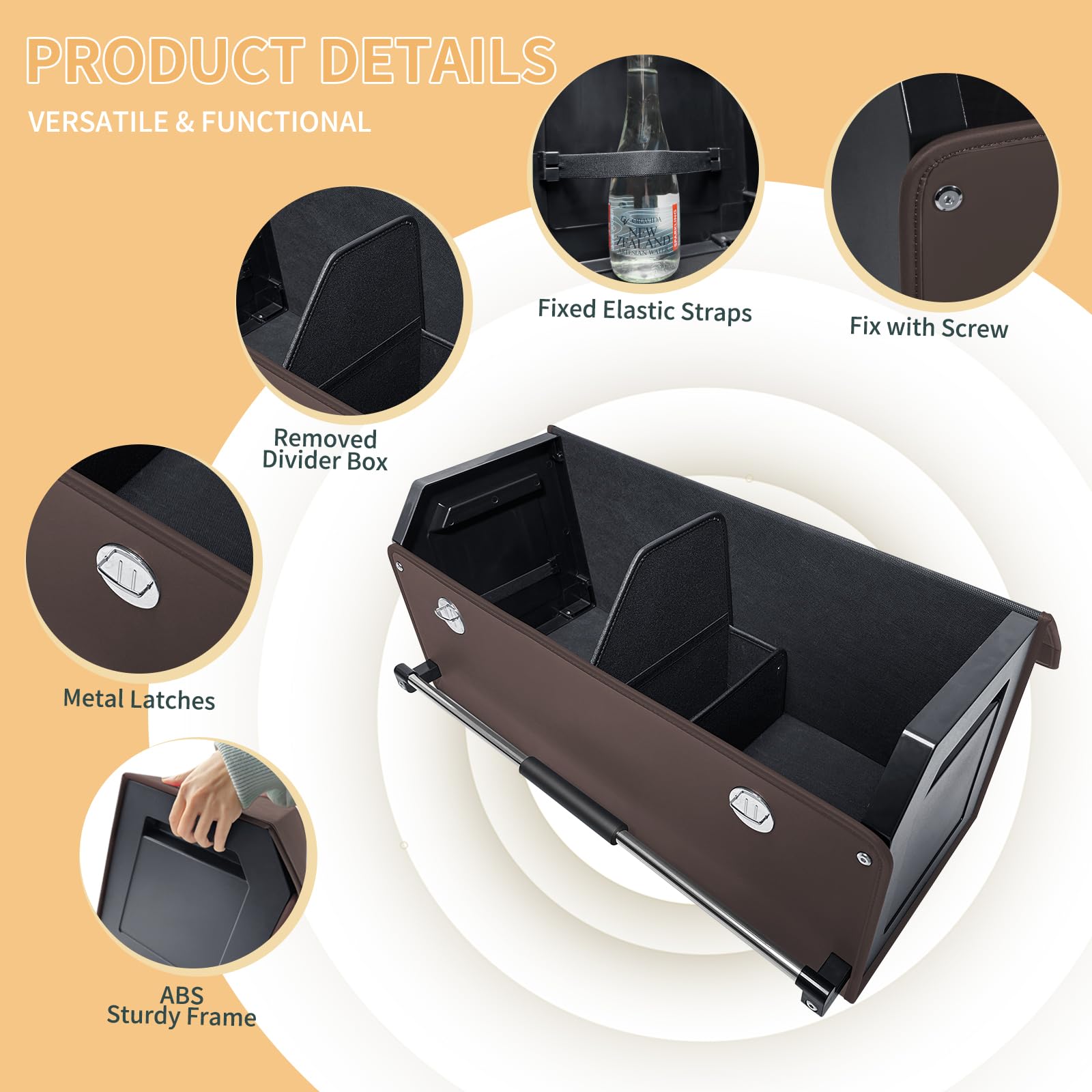 Organizador plegable de cuero para maletero de coche con tapa y asa resistente para SUV, camión, sedán, almacenamiento de coche (marrón, 69 x 29 x 31 cm)