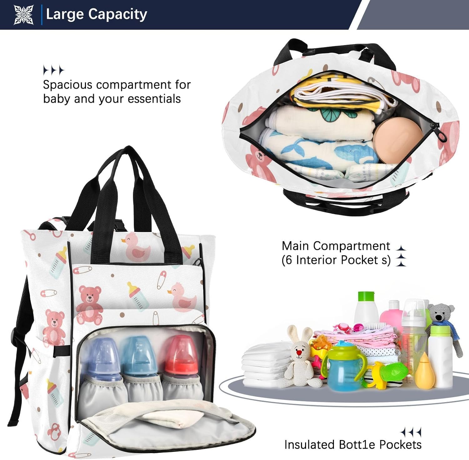 Teddy Bear Duck White Print Diaper Bag Backpack for Baby Boys Girls Multifunction Baby Essentials Travel Tote with Stroller Straps & Bottle Storage Maternity Travel Bag for Baby Gifts Moms Dads