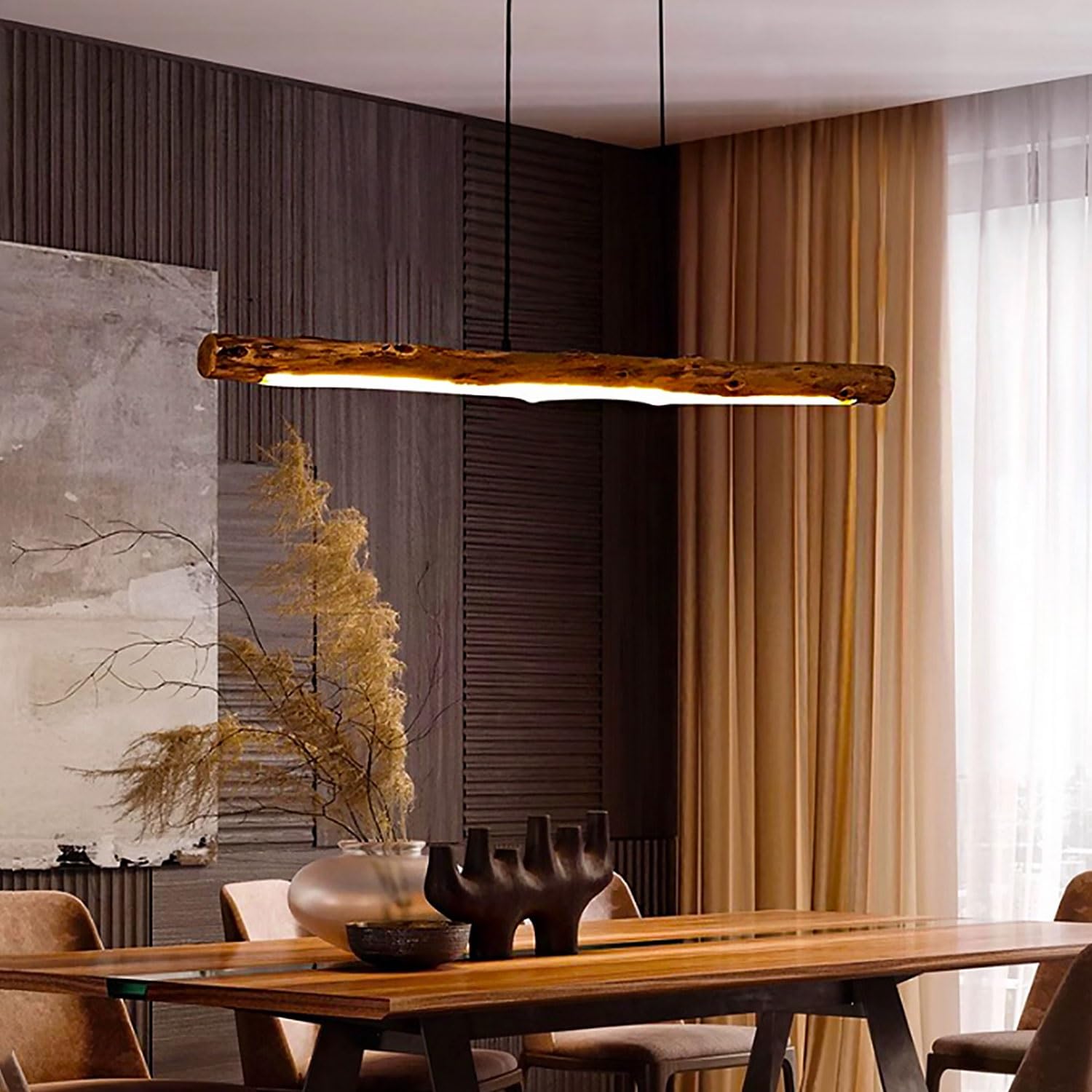 Pendelleuchte LED Holzbalken Esstisch Hängelampe warmes Licht Restaurant Pendellampe Massivholz Vintage Hängeleuchte 80cm Kronleuchter Retro Für Höhe Verstellbar Für Wohzimmer Bar Küche 35W