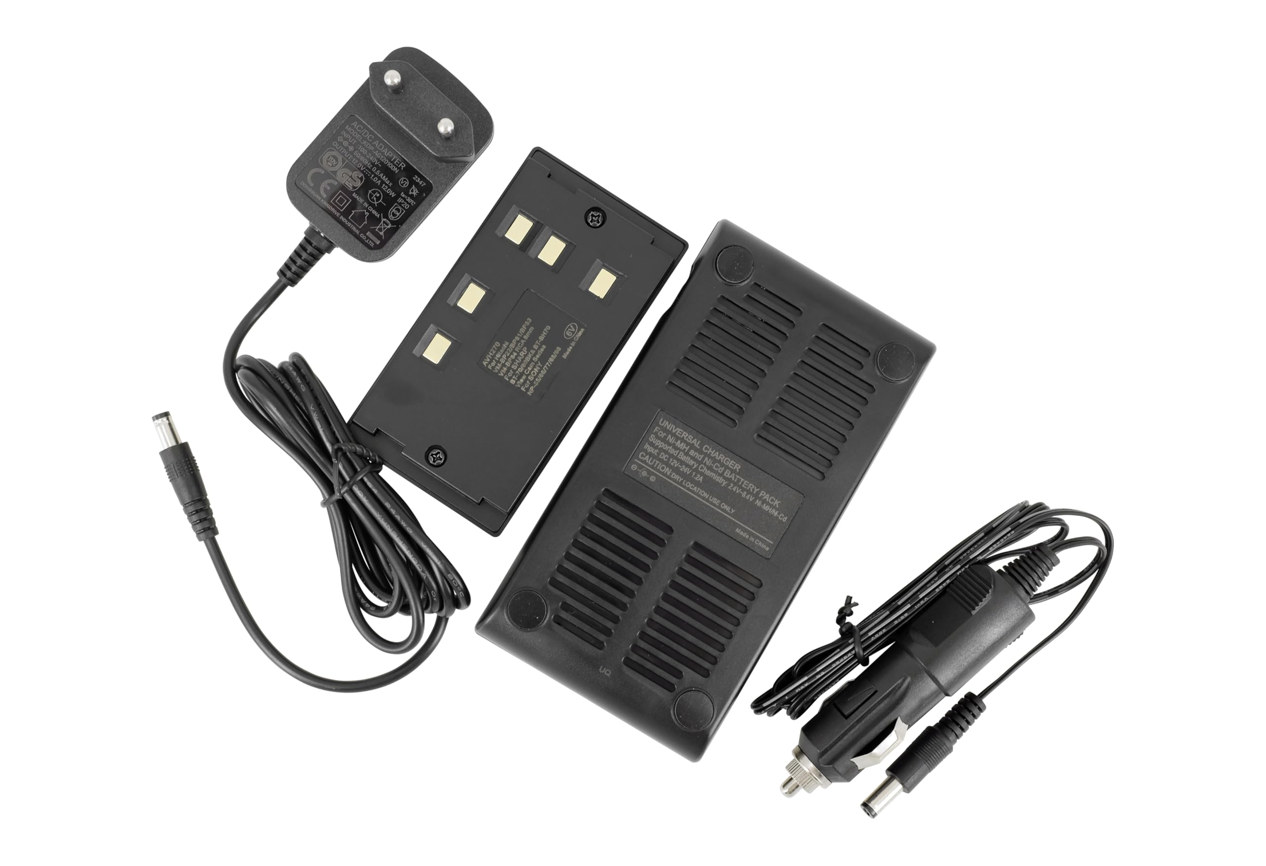 230V AC (Input), 12V-1A (Output) chargeur Alimentation + Kfz-Anschlusskabel pour Sony CCD EVC GV MVC Serien NP-33, NP-55, NP-55H, NP-66, NP-66H, NP-67, NP-68, NP-77, NP-77H, NP-77HD, NP-78, NP-98, NP-98D, NP-C65