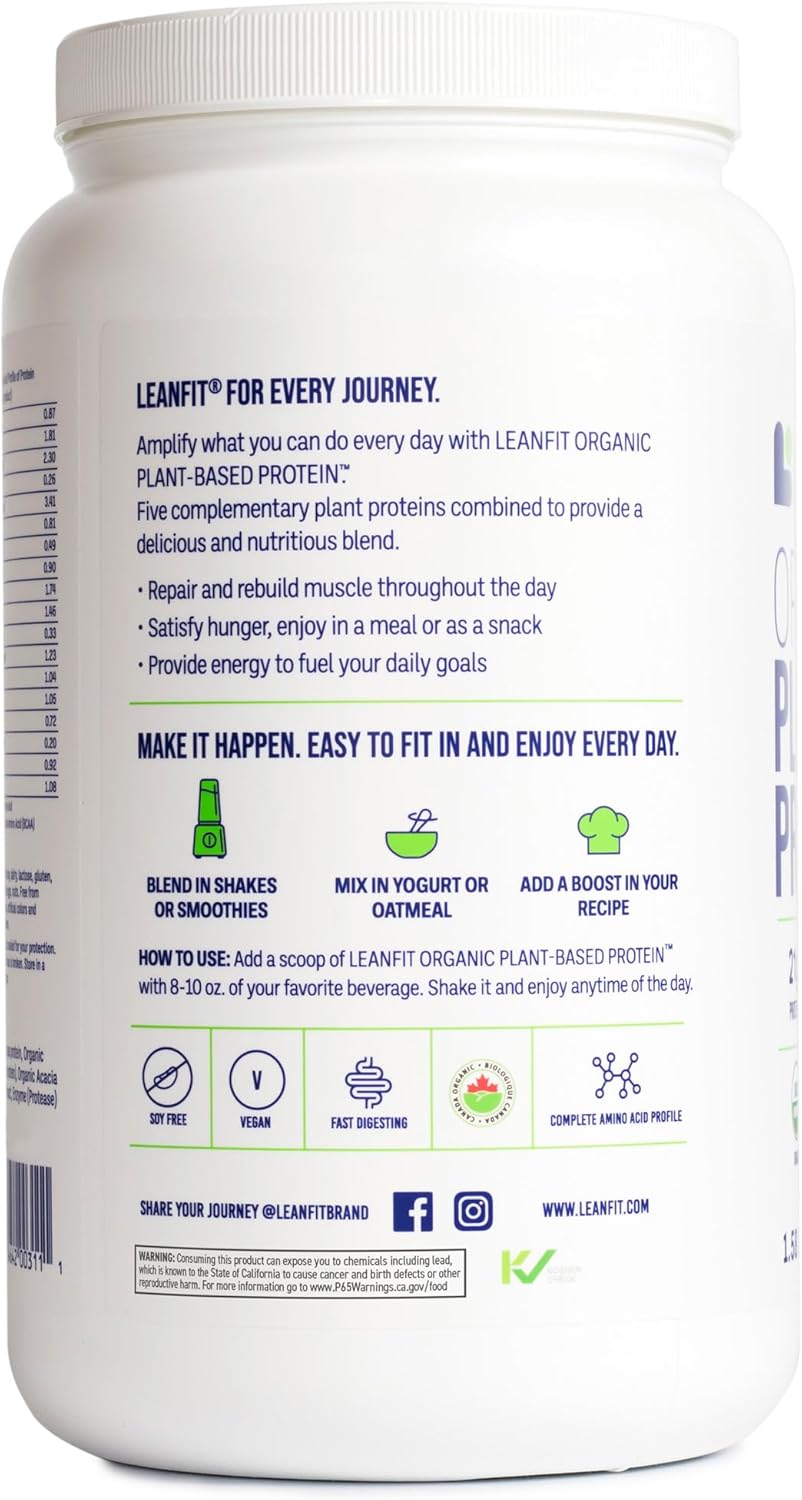 LeanFit Organic Plant-Based Protein Powder, Natural Vanilla Flavor - Vegan, USDA Organic Certified, Soy-Free, Gluten-Free, Dairy-Free, Sugar-Free, Non-GMO - 21g Protein, 19 Servings, 1.58 Pound Tub - Image 8