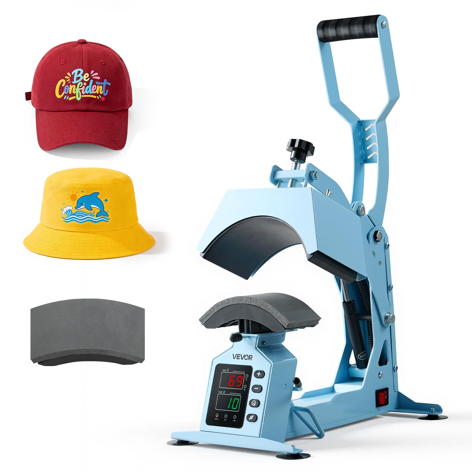 VEVOR 2-in-1 Hat Heat Press Machine, with 2 Platens &amp; Caps Stretcher, Precise Temp&amp;Timer Control, Hat Press Heat Machine for Caps Compatible with HTV Iron On and Sublimation Projects, Light Blue