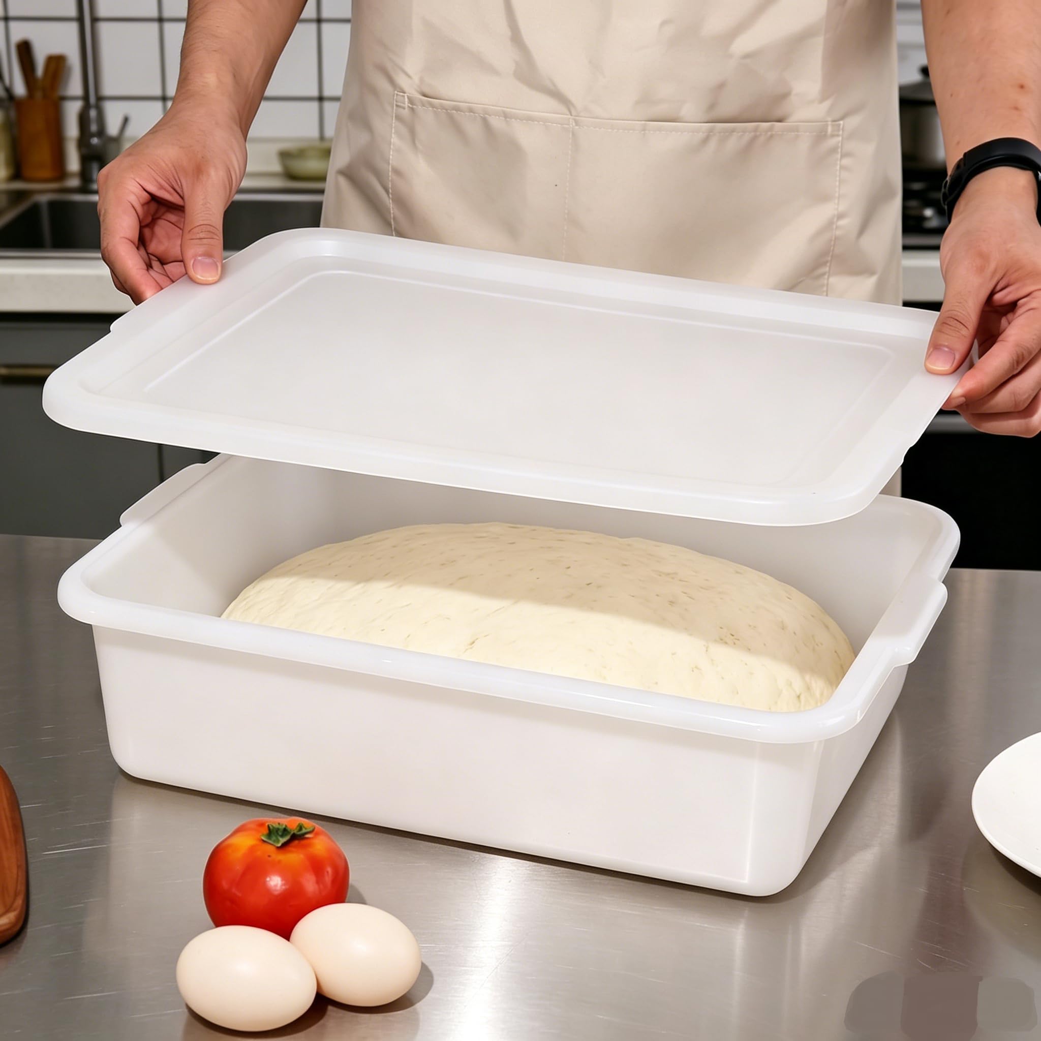 Confezione da 3 scatole per impasto per pizza da 13 l, impilabili, con coperchio, per cucina, ristorante, bianco