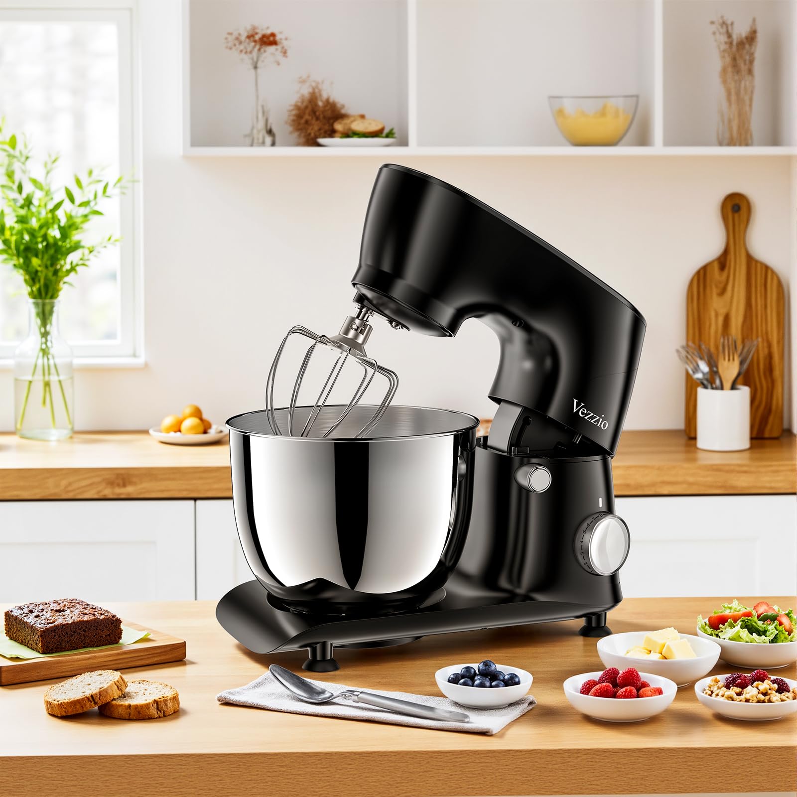Vezzio Impastatrice Planetaria, 1500W Robot da Cucina Multifunzione, 5.5L 10 Velocità Impastatrice Professionale con Frusta, Gancio per Impastare, Frusta per Dolci, Ciotola di Acciaio Inossidabile