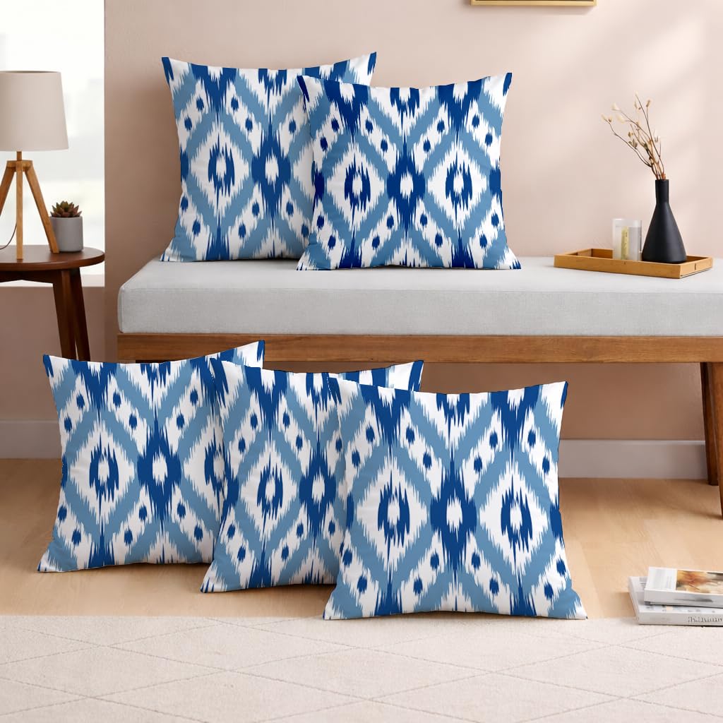 STITCHNEST Set of 5 Polycotton Cushion Covers – 16x16 Inches – Blue & White Ikat Geometric Print – Elegant Cushion Covers for Sofa & Living Room Decor