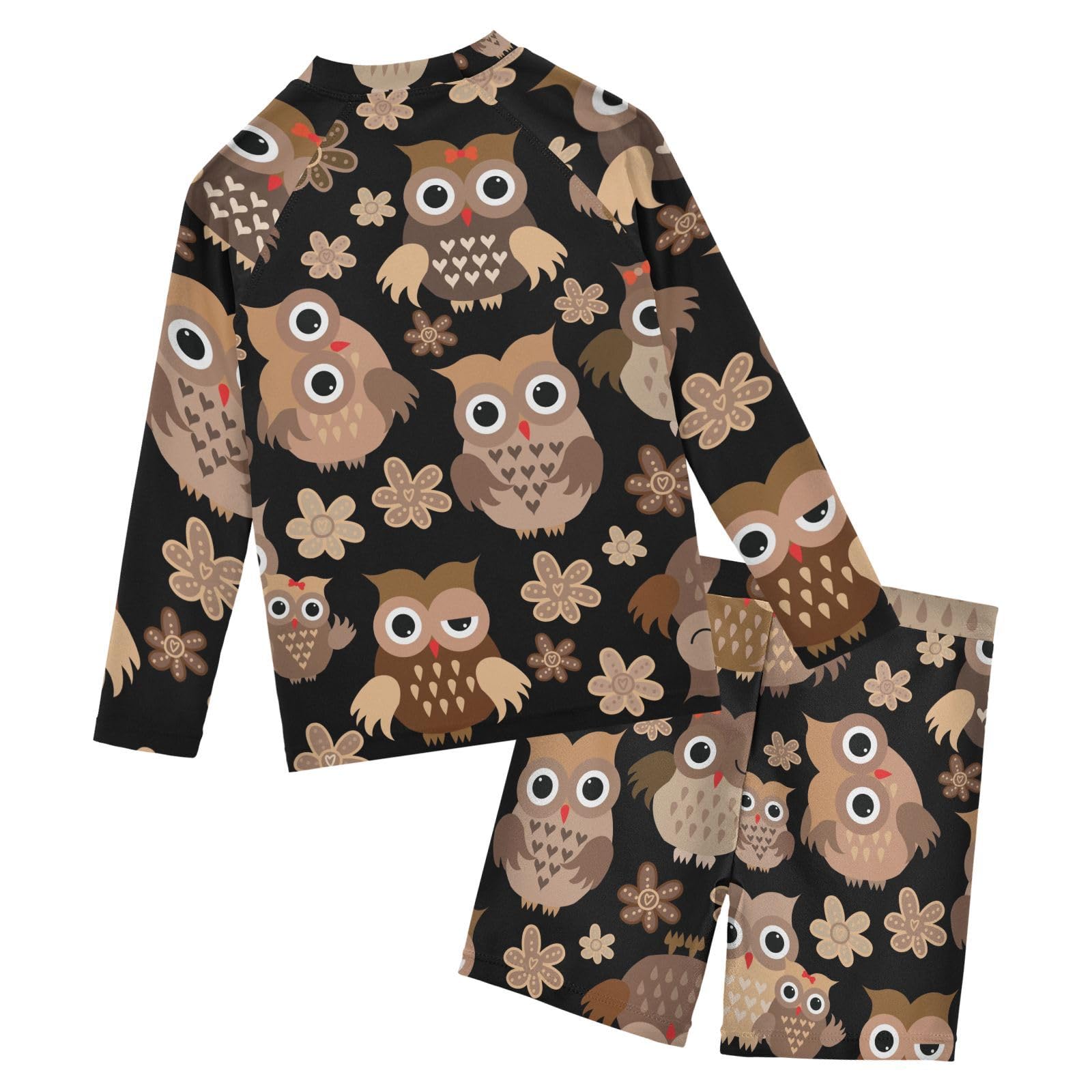 Aflyko Boys' Rash Guard Set Brown Flower Owl SPF 50+ Sun Protection Swimsuit
