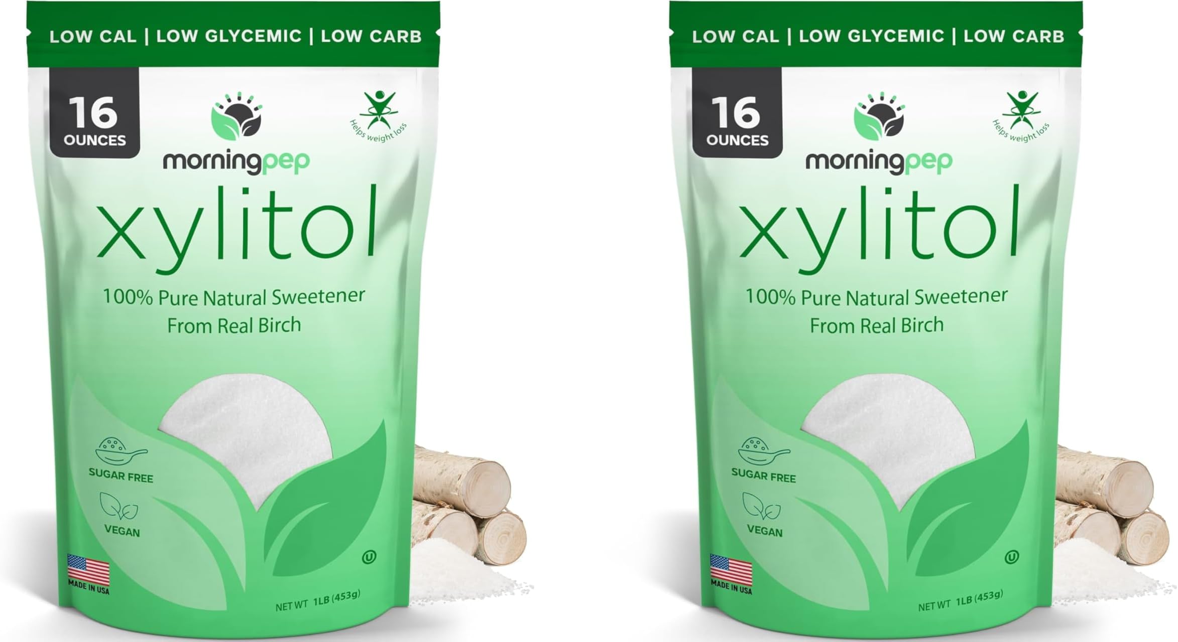 PACK of 2 Morning Pep Pure Birch Xylitol (Keto Diet Friendly) Sweetener with no aftertaste 1 LBs (Not From Corn) NON GMO KOSHER GLUTEN FREE PRODUCT OF USA. Total of 2 Lbs (32 OZ)