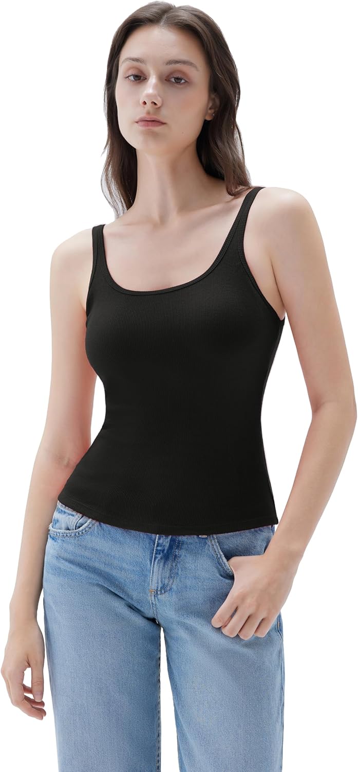 SUUKSESS Women Padded Cotton Ribbed Long Tank Tops Casual Summer Going Out Sleeveless Scoop Neck Basic Cami Tops - Image 2