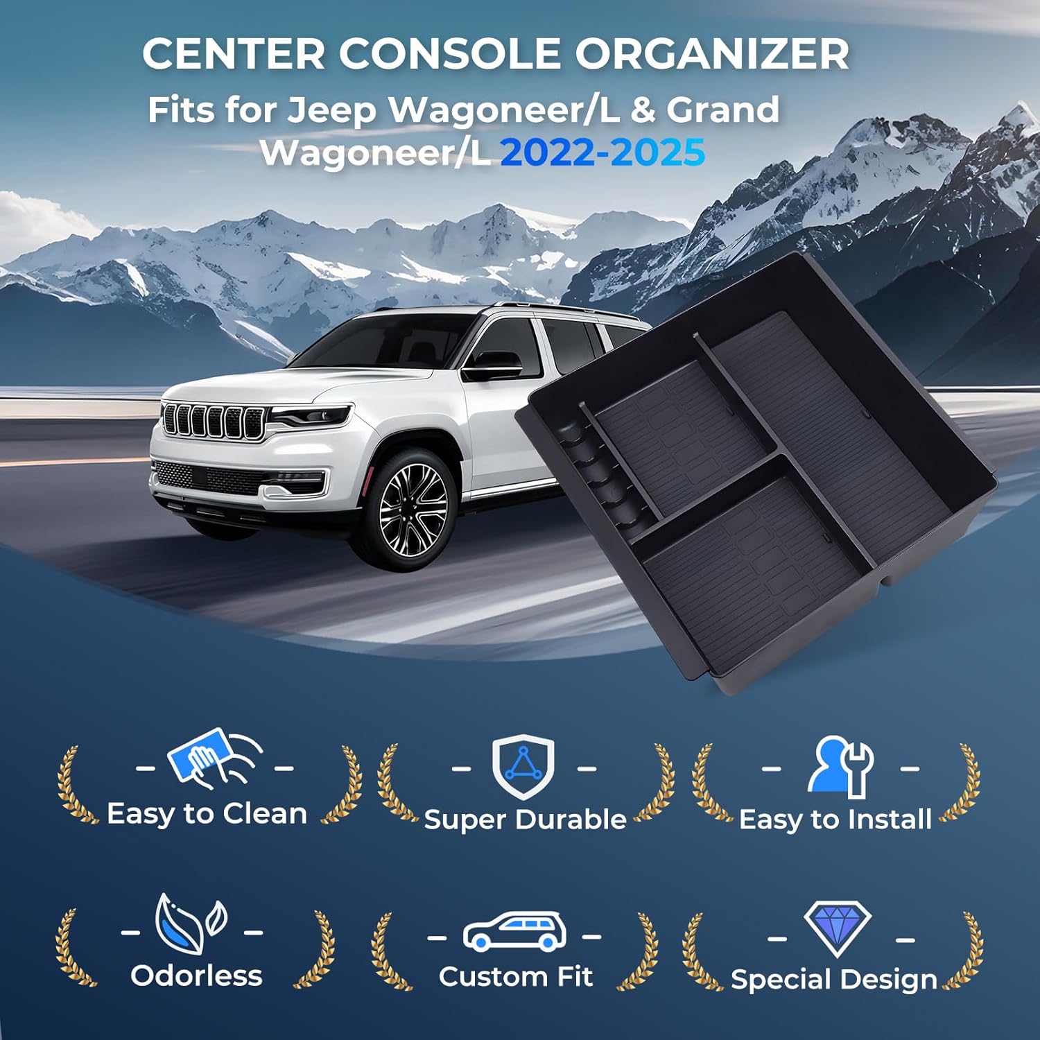 Center Console Organizer Tray Storage Box for Jeep Wagoneer/L & Jeep Grand Wagoneer/L 2022-2025 (Only without Cool Box & Not Fit Wagoneer S), Interior Accessories Armrest Insert Tray, Black