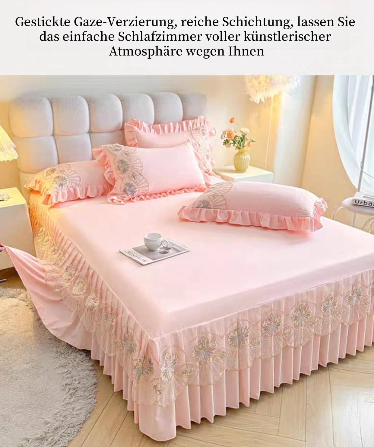 Bettrock Mit Rüschen Einfarbig Bestickt Bed Skirt Umwickeln Betthusse Polyesterfaser Weich rutschfest durch elastisches Band Maschinenwaschbar für 43cm Hohes Bett(D,150cm*200cm)