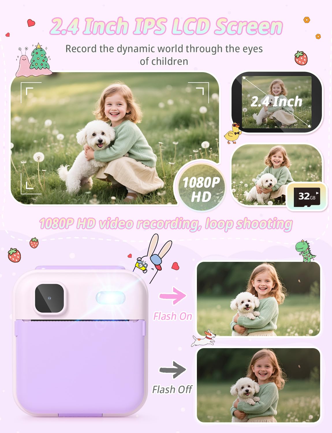 YOHOOLYO Aparat do natychmiastowego druku dla dzieci, cyfrowy aparat natychmiastowy 2,4 cala dla dzieci z kartą 32 GB i 3 rolkami papieru, cyfrowe zabawki wideo 1080P HD, prezenty urodzinowe dla