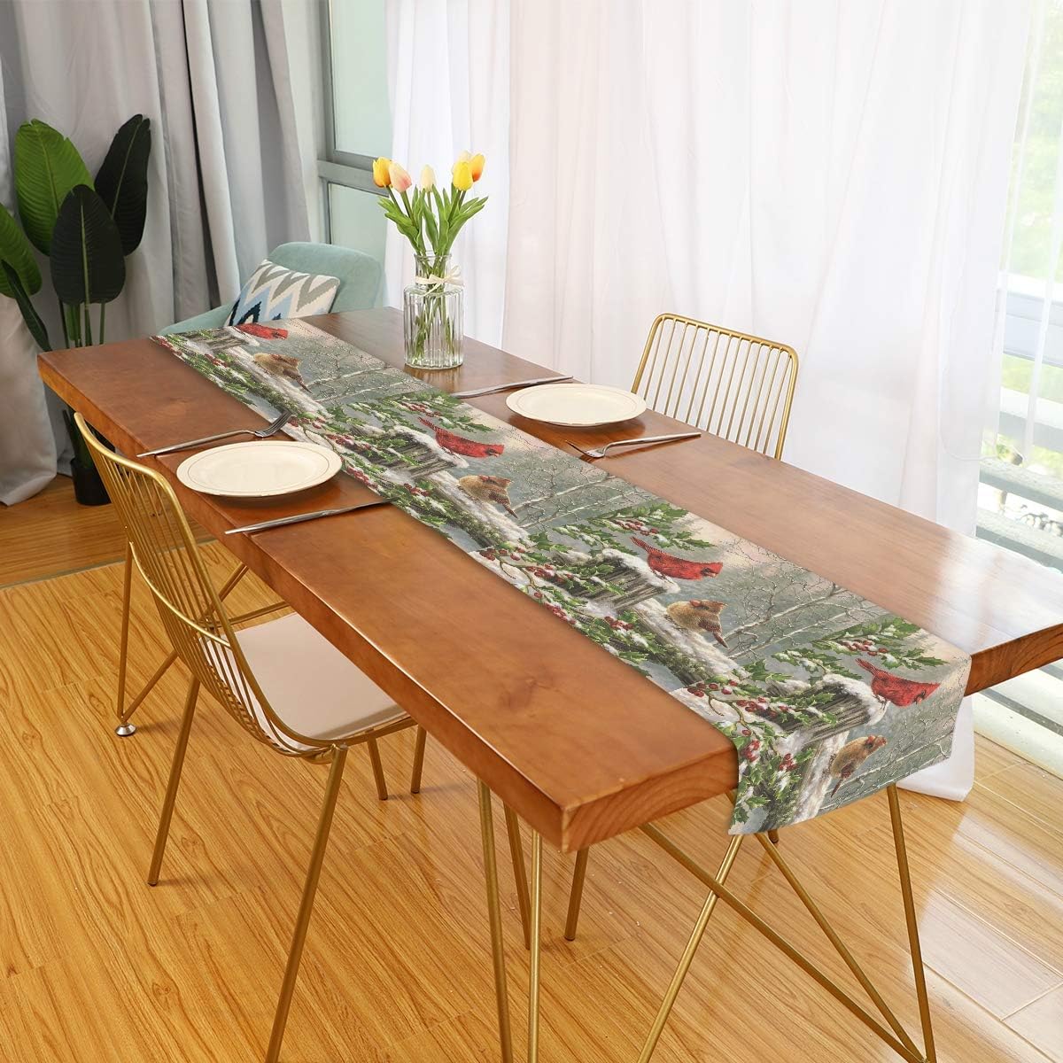 Winter Cardinal Bird Table Runner 13x70 Inches Double Sided Holly Berry Branches Snow Table Runners Cloth Washable Merry Christmas Kitchen Dining Fabric for Holiday Party Home Xmas Decorations