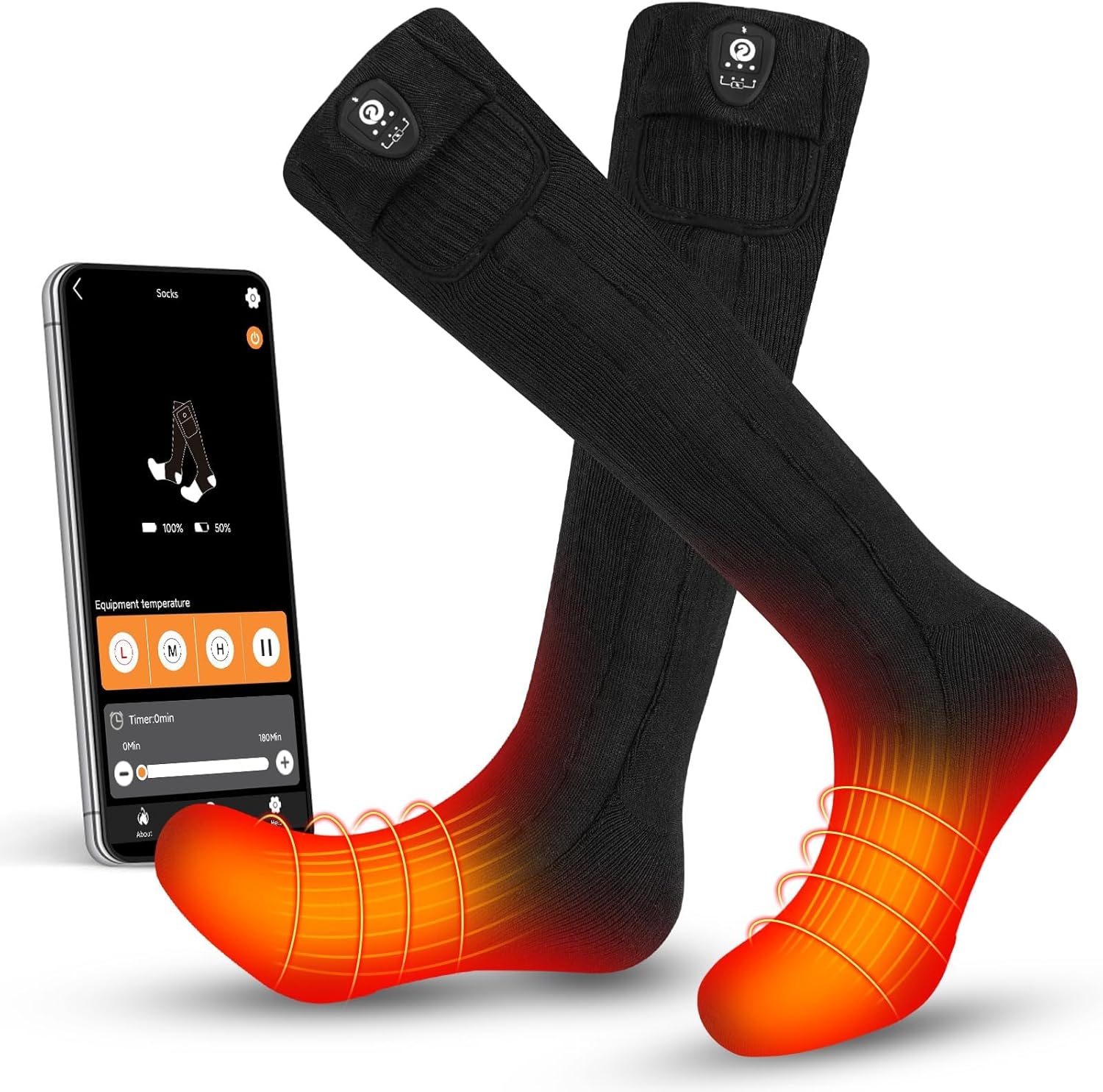 SNOW DEER Heated Socks for Men Women, App Controlled Left/Right Electric Ski Sock, 7.4V 2200mAh Rechargeable Battery 360°Fast Heating Toe Warmers for Skiing Hunting Motorcycle Walking Dogs