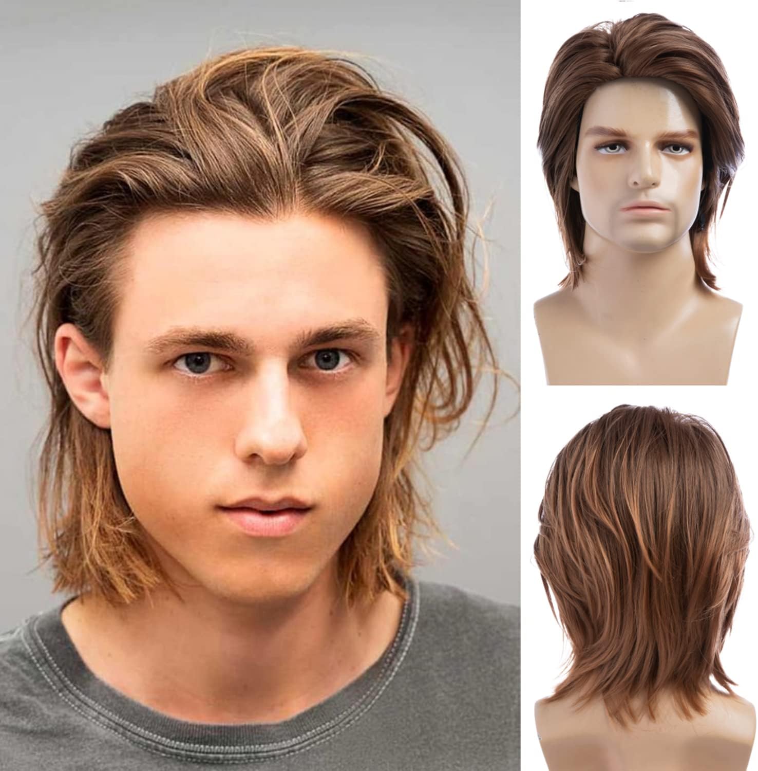 Mens Brown Wig Short Fluffy Natural Hair Synthetic Halloween Cosplay Costume Party Full Wigs