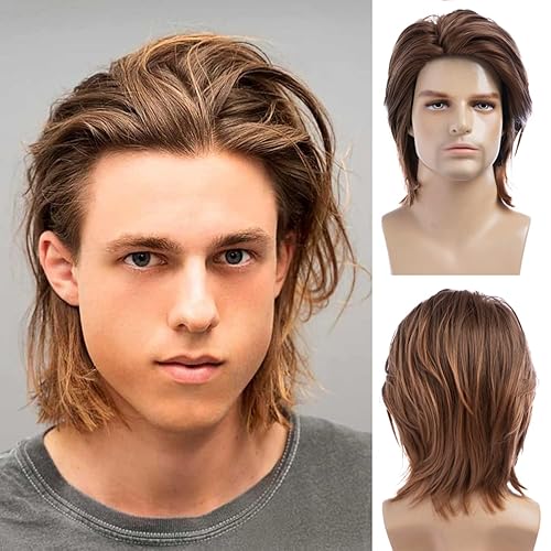 Wiwige Peluca marrón para hombre, pelo corto, esponjoso, natural, sintético, Halloween, cosplay, fiesta, pelucas completas
