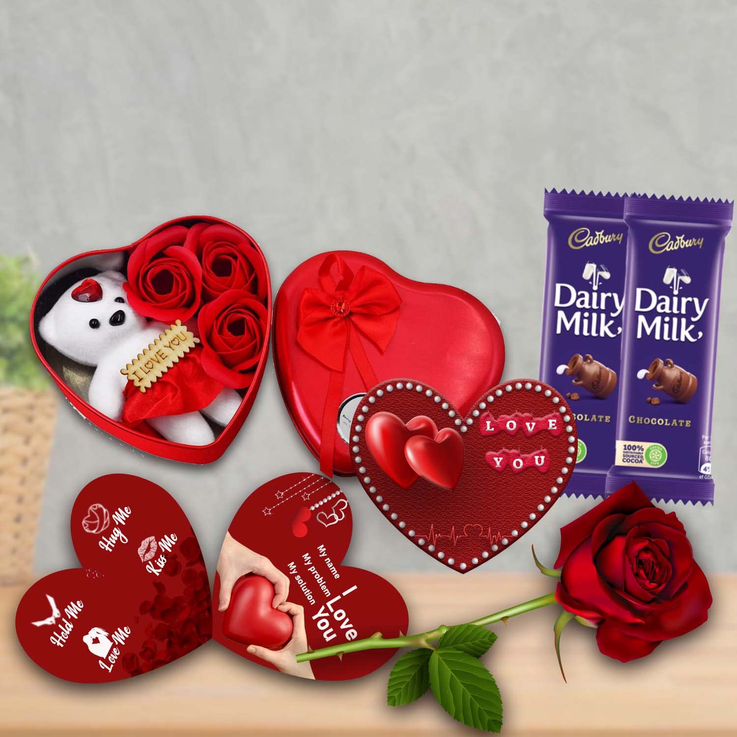 AWANI TRENDS Valentine’s Day Gift Combo for Girlfriend/Wife |Husband/Boyfriend Birthday & Anniversary Gift Heart Shape Metal Box with Artificial Rose, 2 Chocolates & Heart Greeting Card | Romantic Love Gift for Him & Her - Image 3 thumbnail