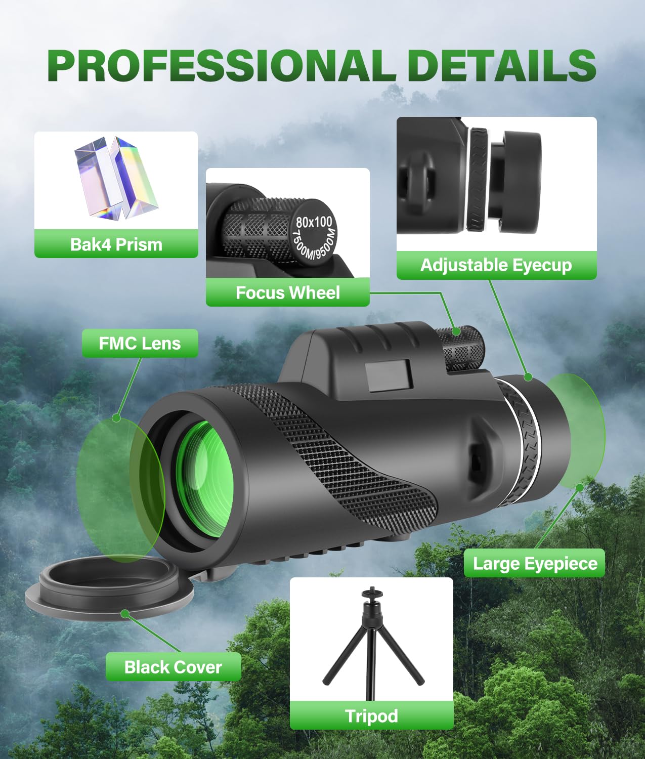 Télescope Monoculaire - RUMOCOVO - 80x100 - Prisme BAK-4 - Vision De Nuit - Noir