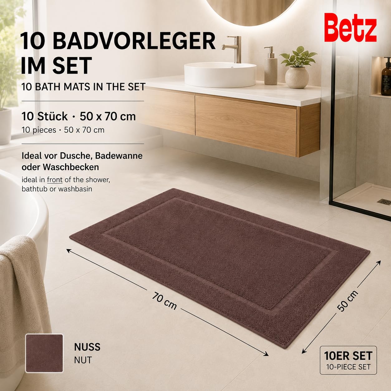 Betz Set di 10 scendibagni tappeto da bagno PREMIUM 100% cotone qualità 650 g/m² 50x70 cm colore marrone
