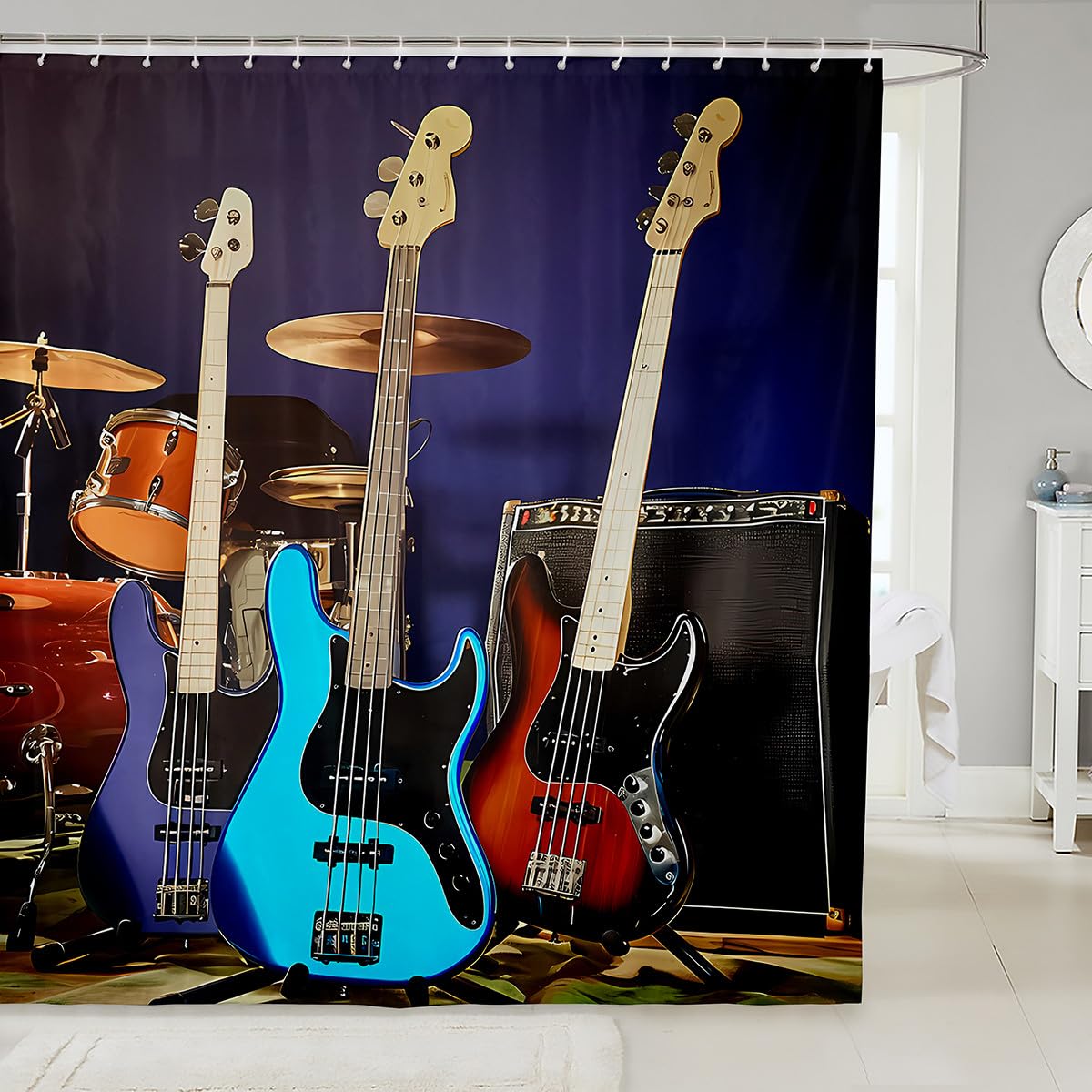 Feelyou Music Themed Guitar Fabric Shower Curtain Rock Music Drum Kit Decor Bath Curtain Musical Instruments Print Bathroom Shower Curtain Set with 12