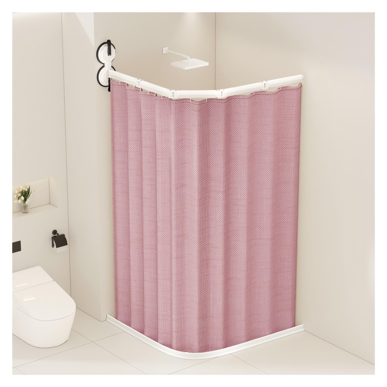 Barre de douche pliable réglable sans ventouse et rideau étanche 2 plis