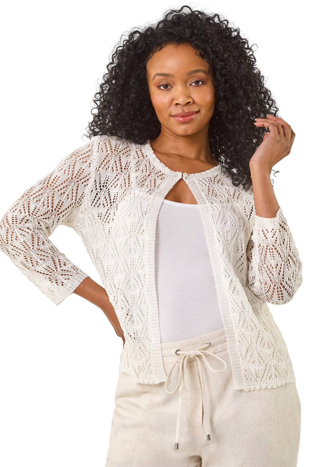Roman Originals Women's Petite Ivory Roman Petite Pointelle Knit Cardigan For Uk - Everyday Holiday Spring Summer Round Neckline Comfy Soft Evening Vacation Work Party - Size 16 Petite